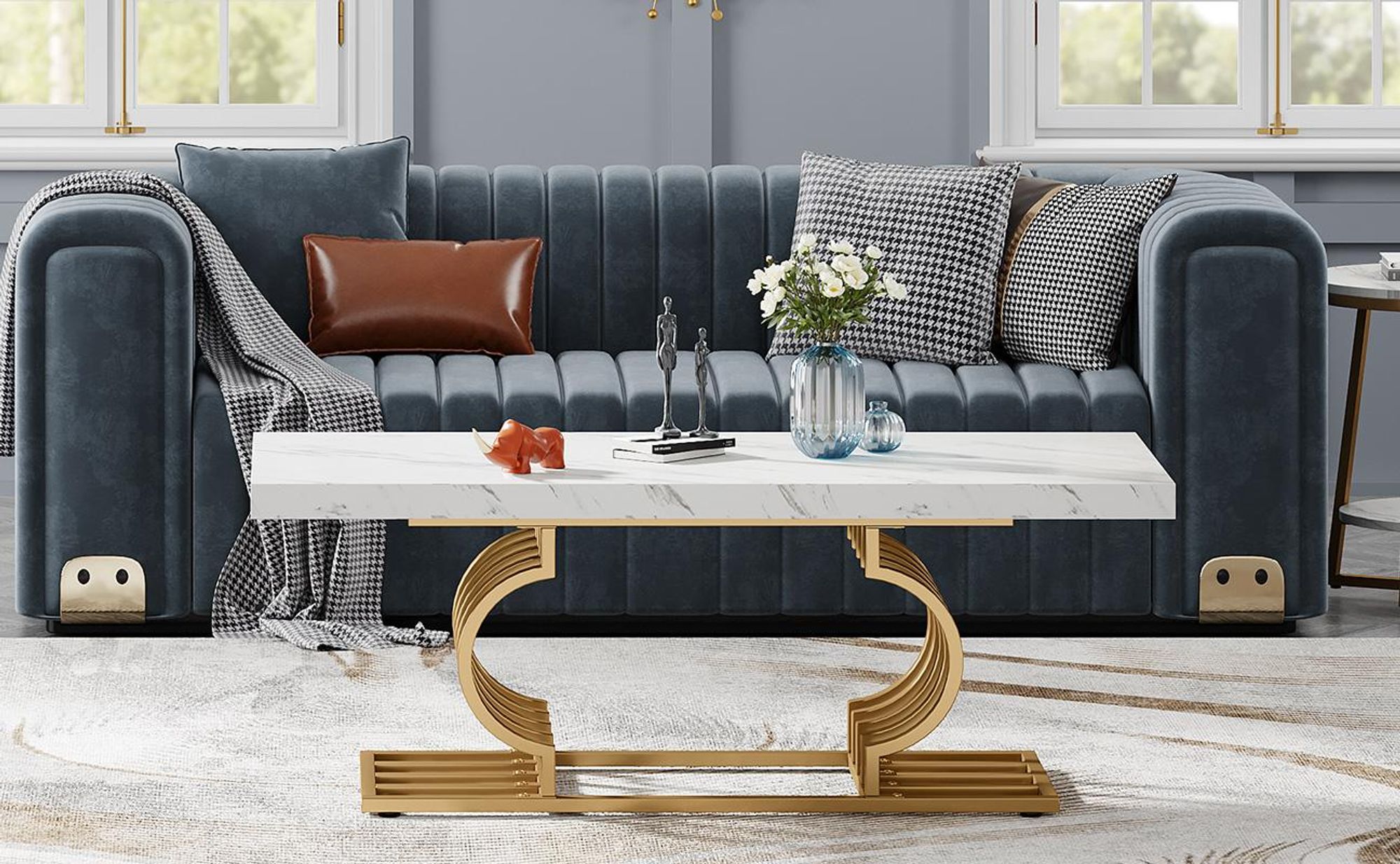Tribesigns Moderner Couchtisch, Faux Marmor Cocktailtisch mit Geometrischem Gestell,Rechteckiger Mitteltisch Teetisch Akzentmöbel Tisch,Weiß/Gold