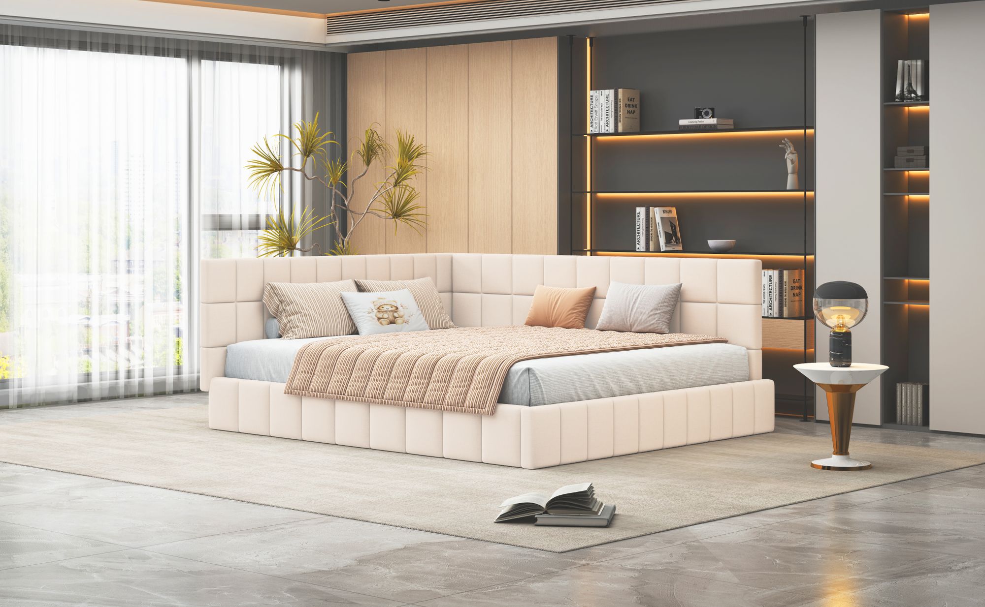 okwish Polsterbett 140*200cm, Schlafsofa Doppelbett mit Lattenrost, Beige-Ohne Matratze