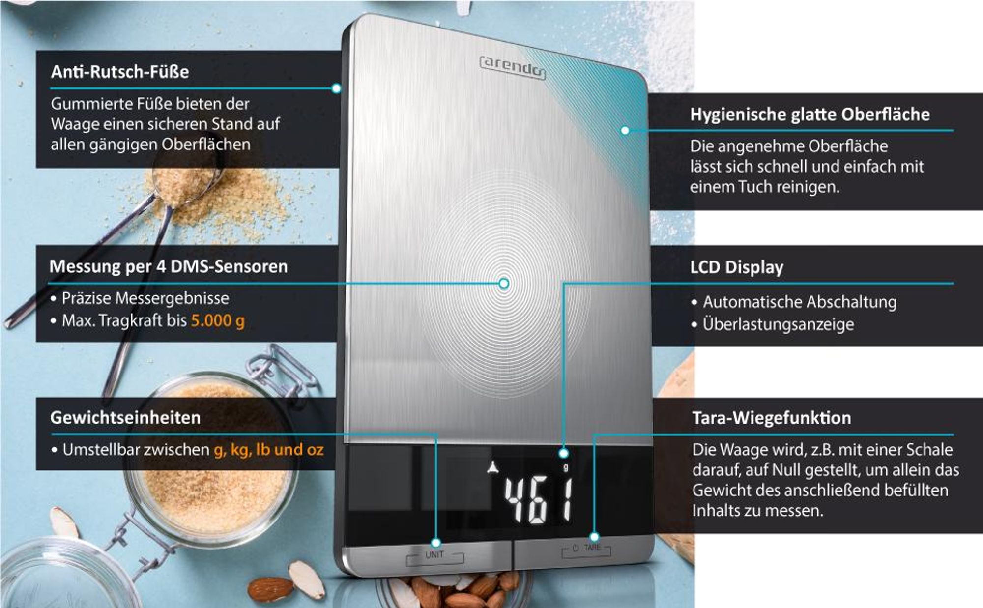 Arendo Edelstahl Küchenwaage bis 5 kg, Tarafunktion, LCD-Display und Tragkraft bis 5.000 g