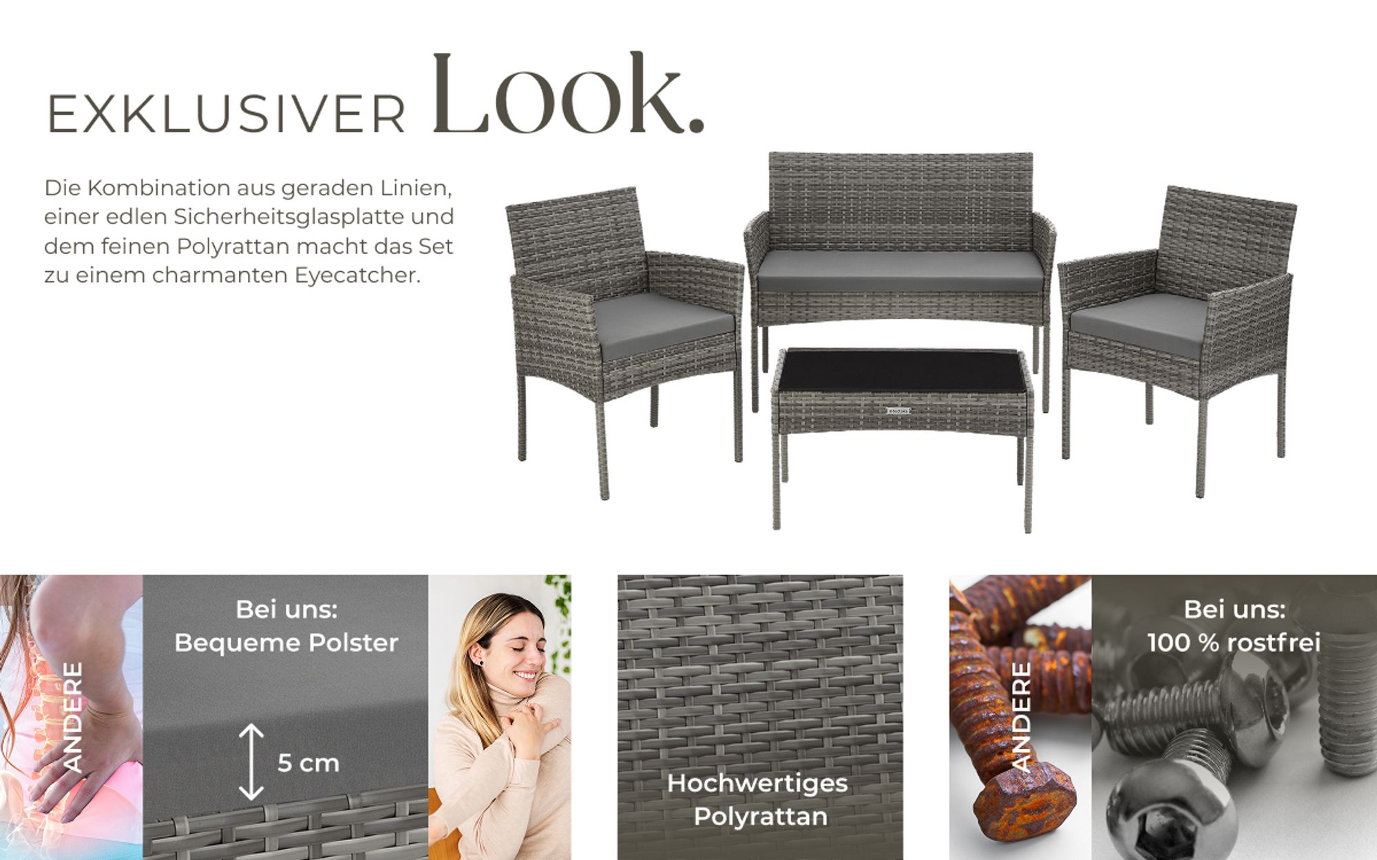 tectake® Rattan Gartenset Palese für 4 Personen