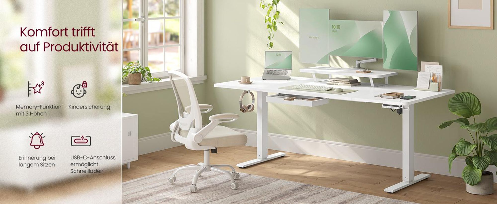VASAGLE Höhenverstellbarer Schreibtisch, 160 cm, USB-C-Anschluss, Erinnerung bei langem Sitzen, flexibel montierbarer Monitorständer