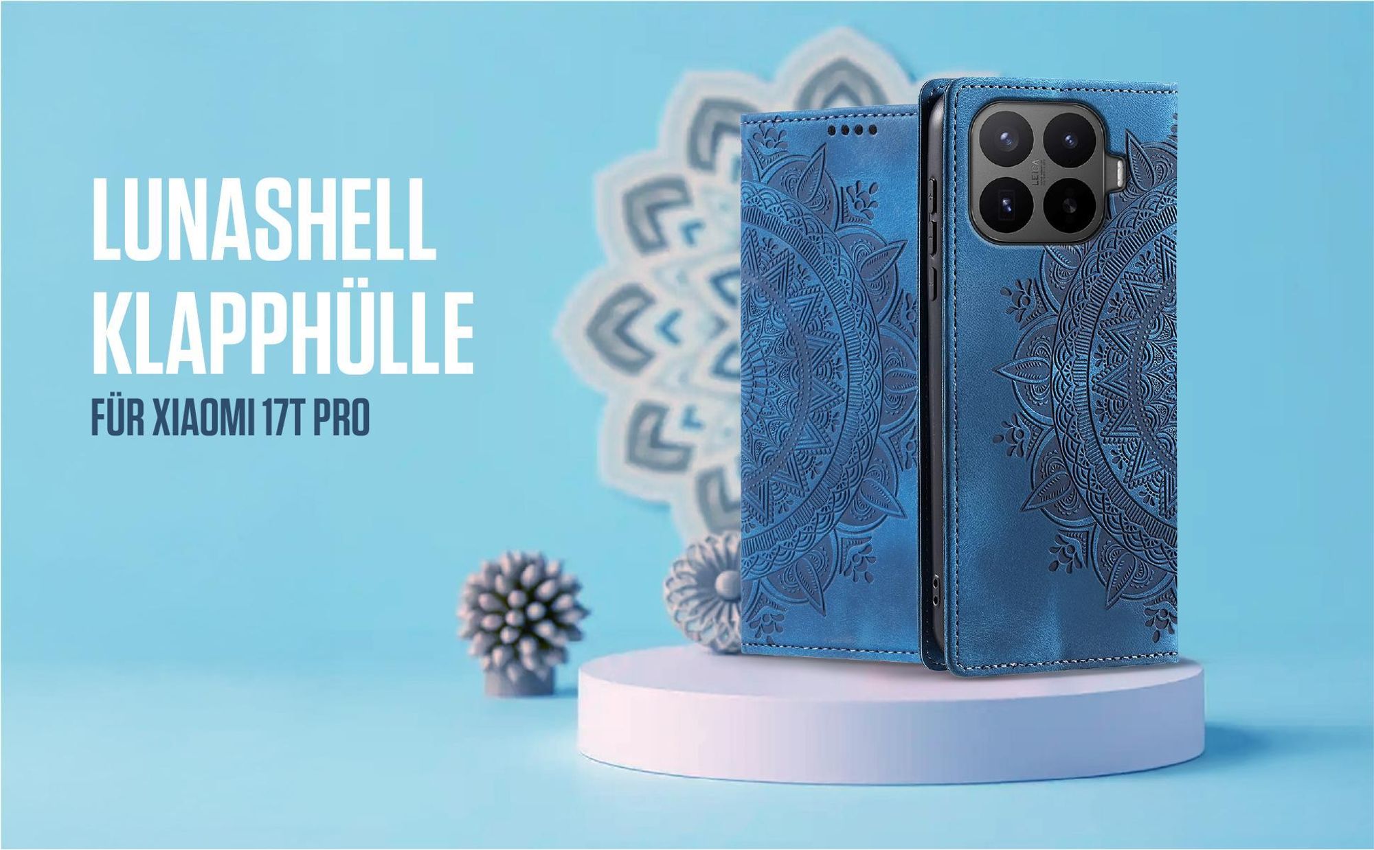 Blaue Klapphülle für Xiaomi 17T Pro mit feiner Mandala Prägung