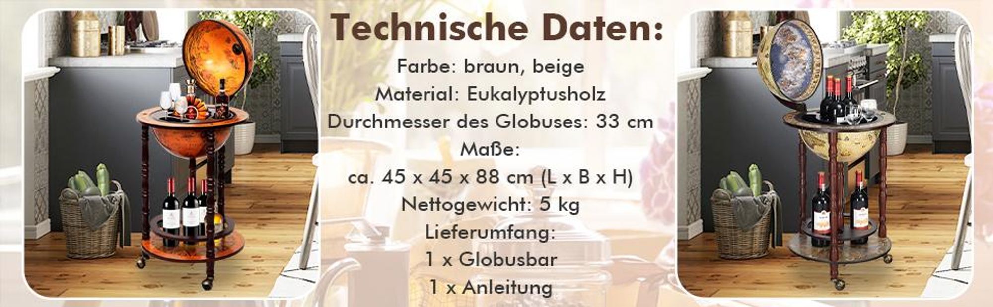 COSTWAY Globusbar mit Rollen, Weinregal, Servierwagen, Globus Bar, Barwagen Holz Braun