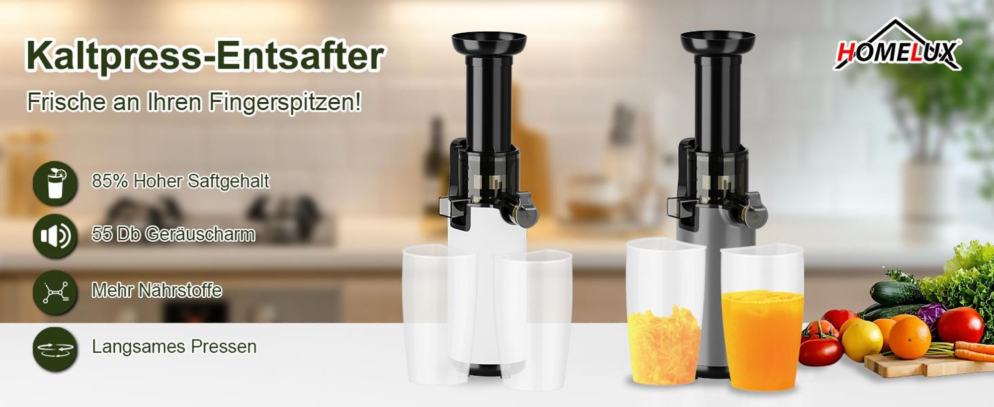 HOMELUX Slow Juicer Kleiner Entsafter Sicherheitsverriegelung, Mini, kompakt , 120 W , Geräuscharm, mit 2 Tassen, Reinigungsbürste, Grau
