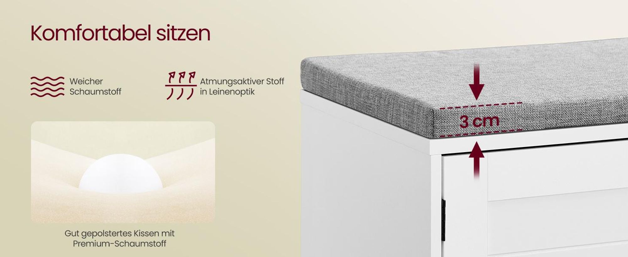 VASAGLE Schuhbank, 3 Ebenen, Sitzbank mit Stauraum, Türen und Sitzkissen, Schuhregal mit höhenverstellbaren Ablagen, 35,5 x 101 x 52,5 cm,