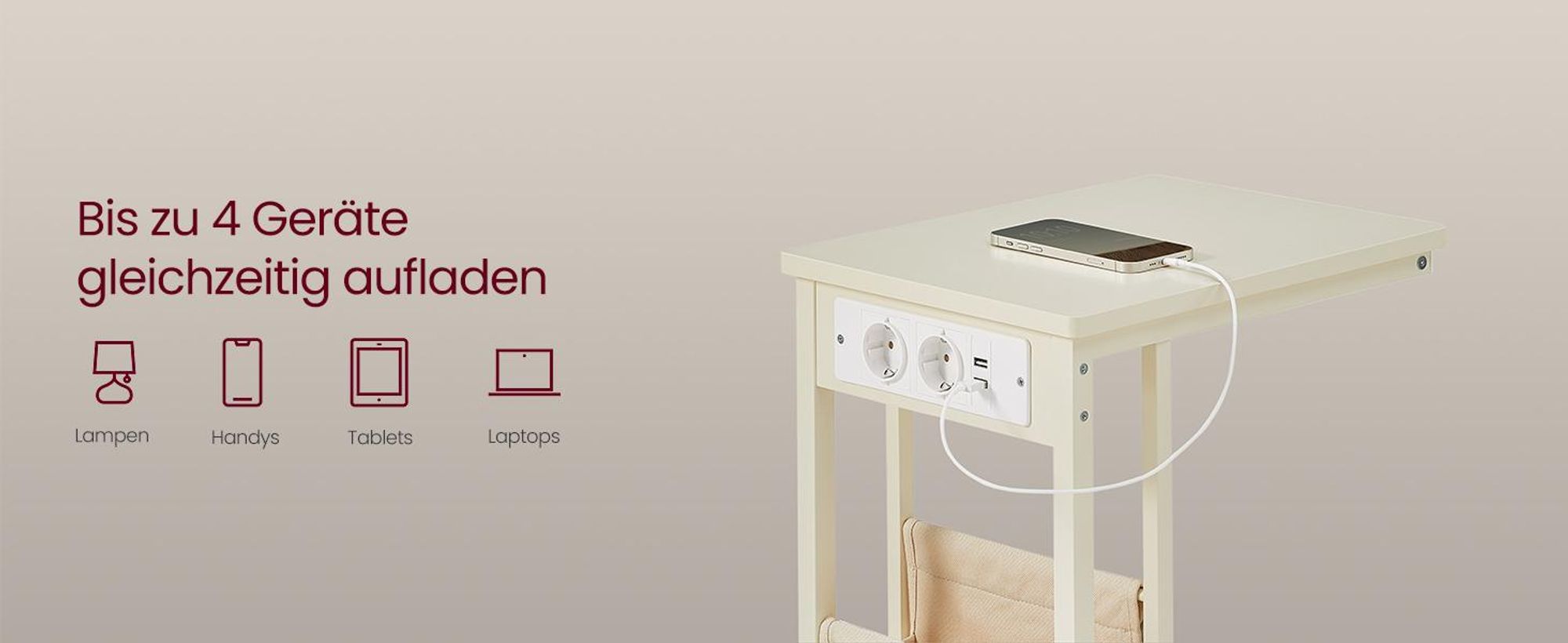 VASAGLE Beistelltisch mit Steckdosen, C Form für kleine Räume, 2 USB-Anschlüsse