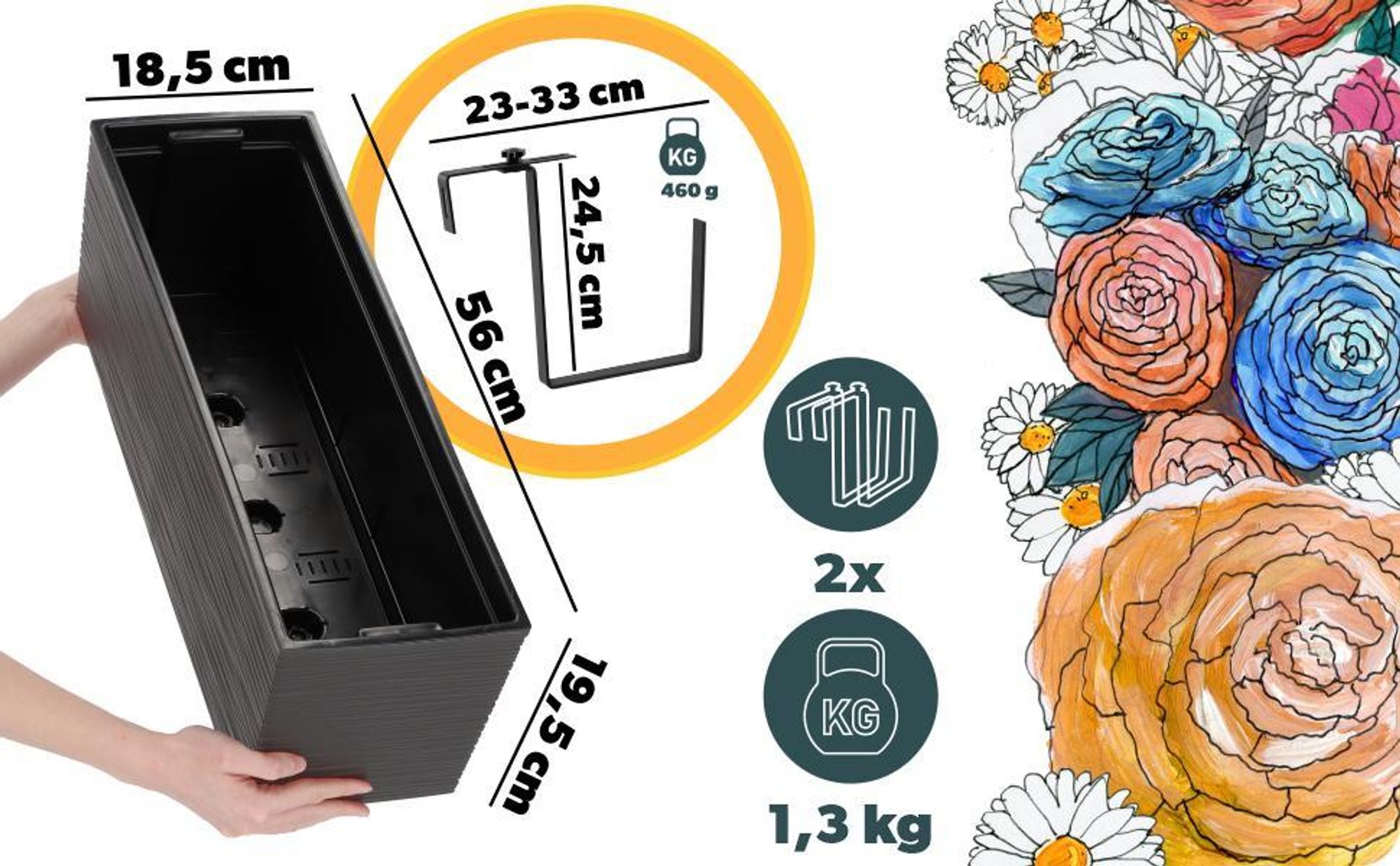 KADAX Blumentopf mit Einsatz "Treviso", 56 cm, Mit Halterungen, Ritzmuster, Grafit