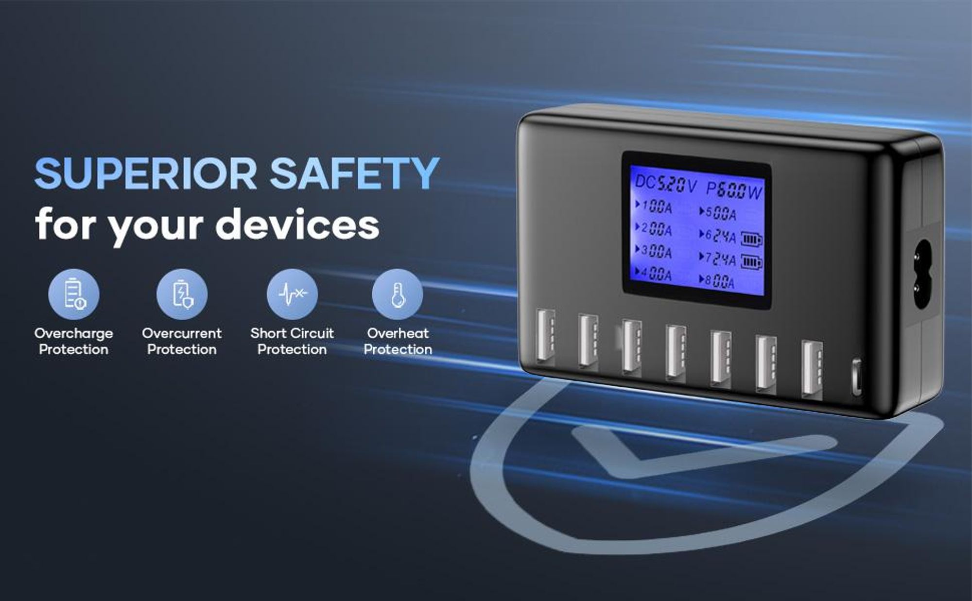 USB Ladegerät, USB Ladestation, 60W 12A 8 Ports Ladestation für Mehrere Geräte, mit LCD Display, USB C Hub für iPhone iPad Android Samsung Huawei