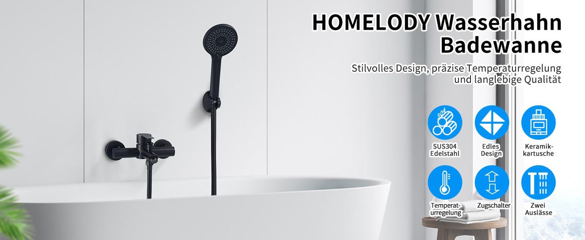 Homelody Badewannenarmatur mit Handbrause, Mischbatterie Badewanne Wandmontage, 2 Ausgänge Einhebelmischer Duscharmatur mit Wanneneinlauf, Schwarz