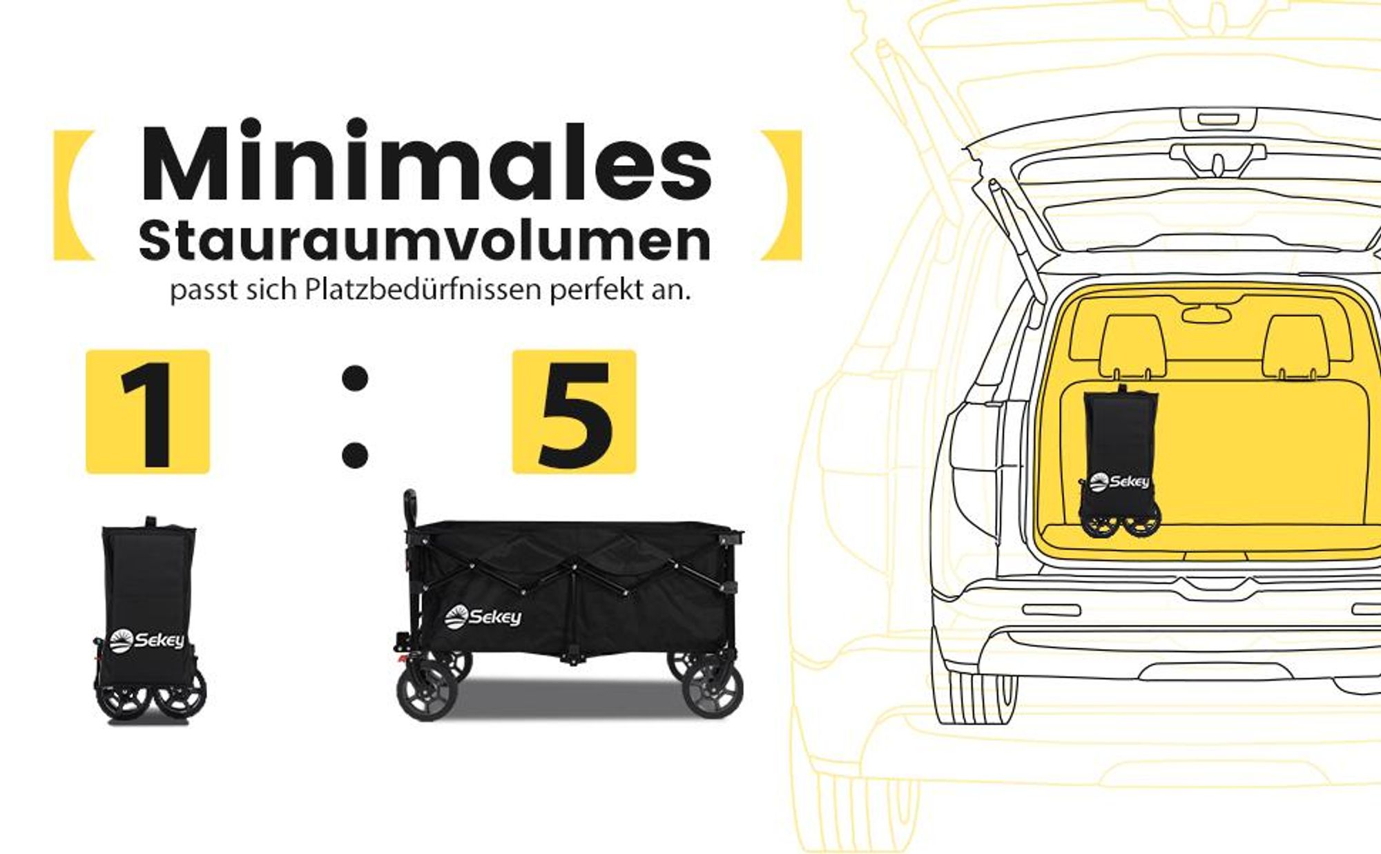 Sekey Bollerwagen faltbar 150 kg mit Bremsen, klappbarer Handwagen für Garten und Ausflug, Schwarz