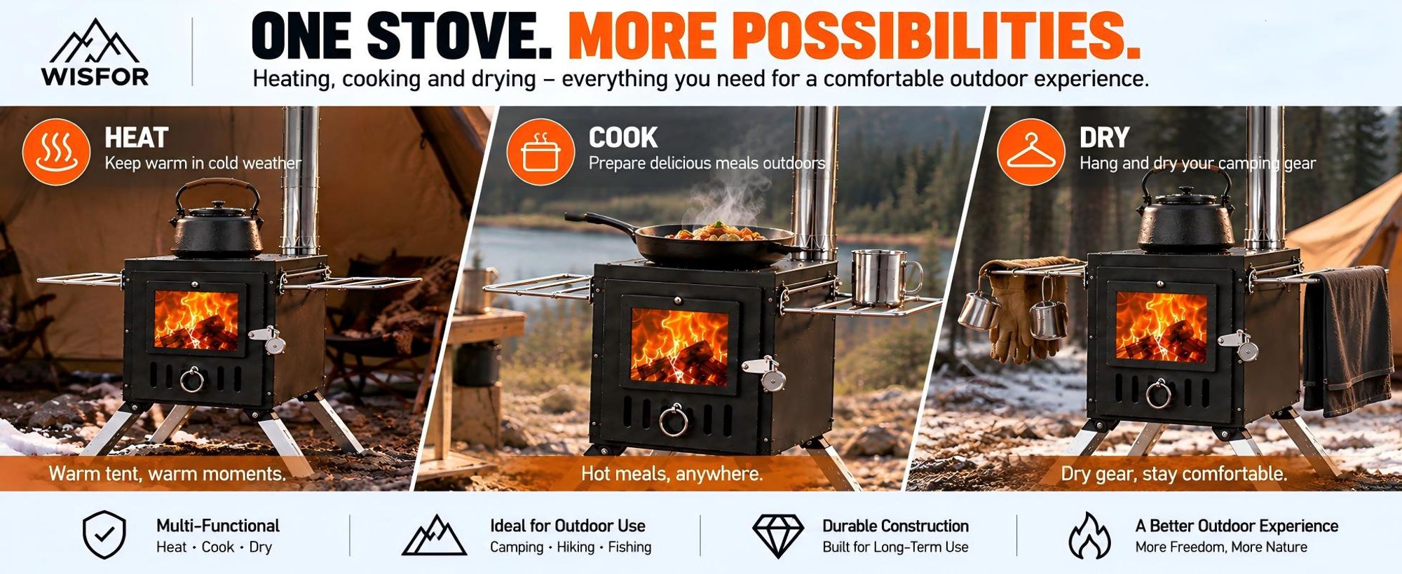 WISFOR Zeltofen Camping-Holzofen mit Sichtfenster, 6 Rauchrohre, faltbar, zum Kochen & Heizen