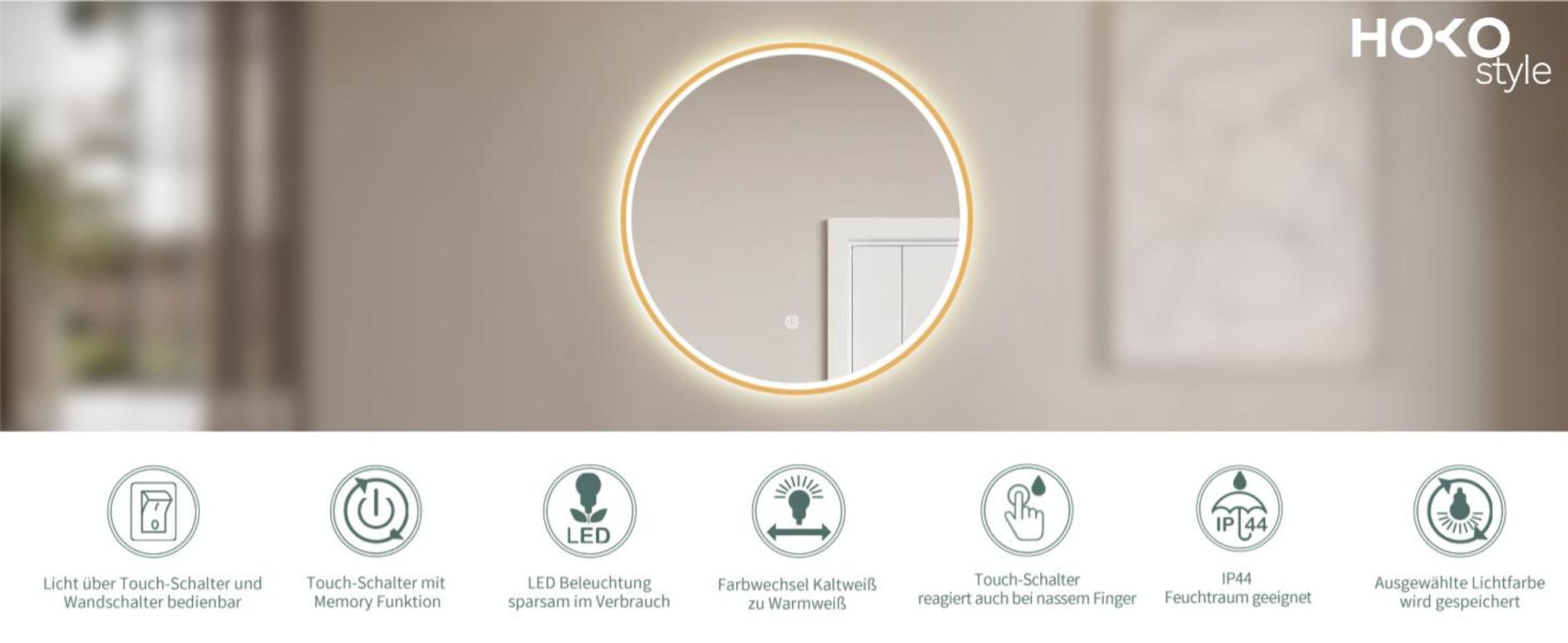 HOKO Design Badspiegel rund 60 cm Riga mit Metall Rahmen Gold. Runder Wandspiegel Energiesparend LED beleuchtet, Touch Schalter,Lichtfarbe Wechsel.