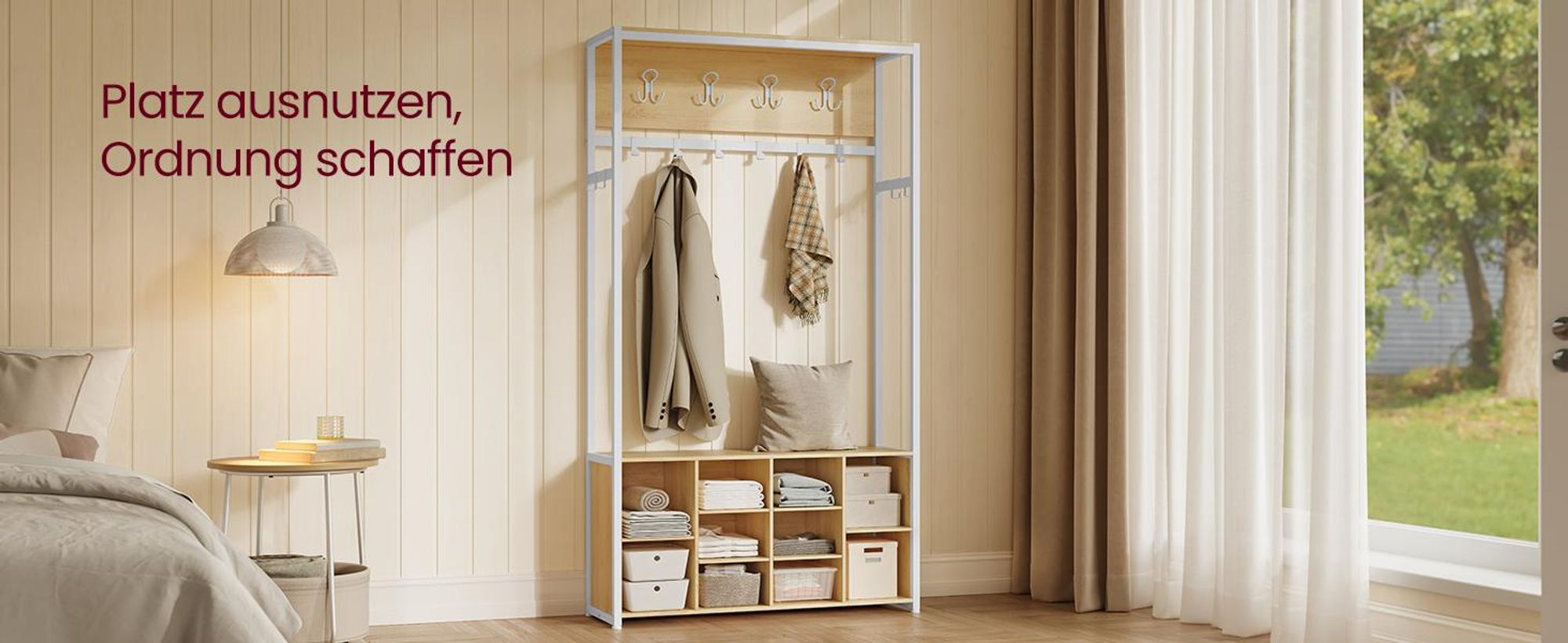 VASAGLE Kleiderständer, Garderobe mit Schuhregal, mit Haken und verstellbaren Ablagen, Industrie-Stil, goldeichenfarben-weiß