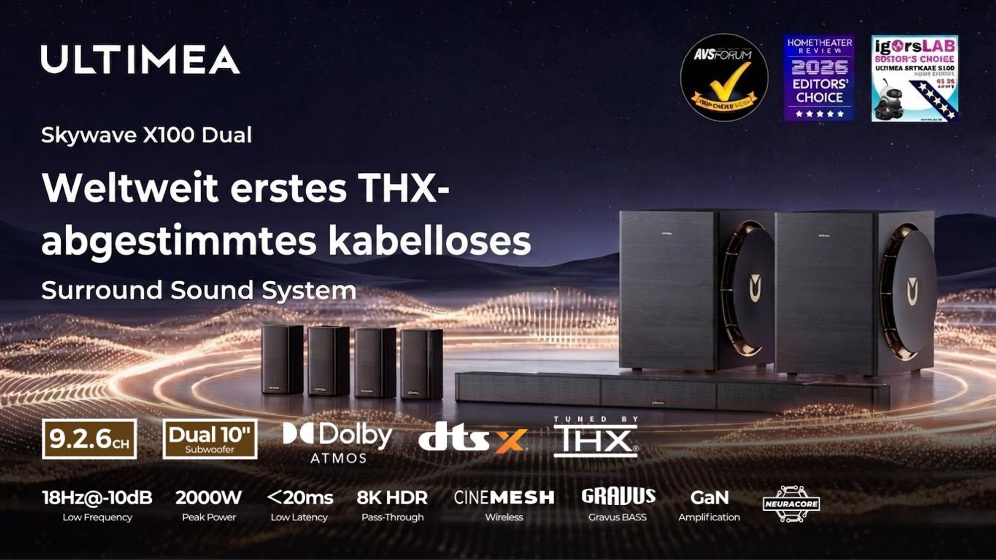 ULTIMEA Skywave X100 Dual 9.2.6 Soundbar mit Dolby Atmos & DTS:X, THX-Tuned, 2x10" Subwoofer, 2000W, 8K Pass-Through, Kabellos