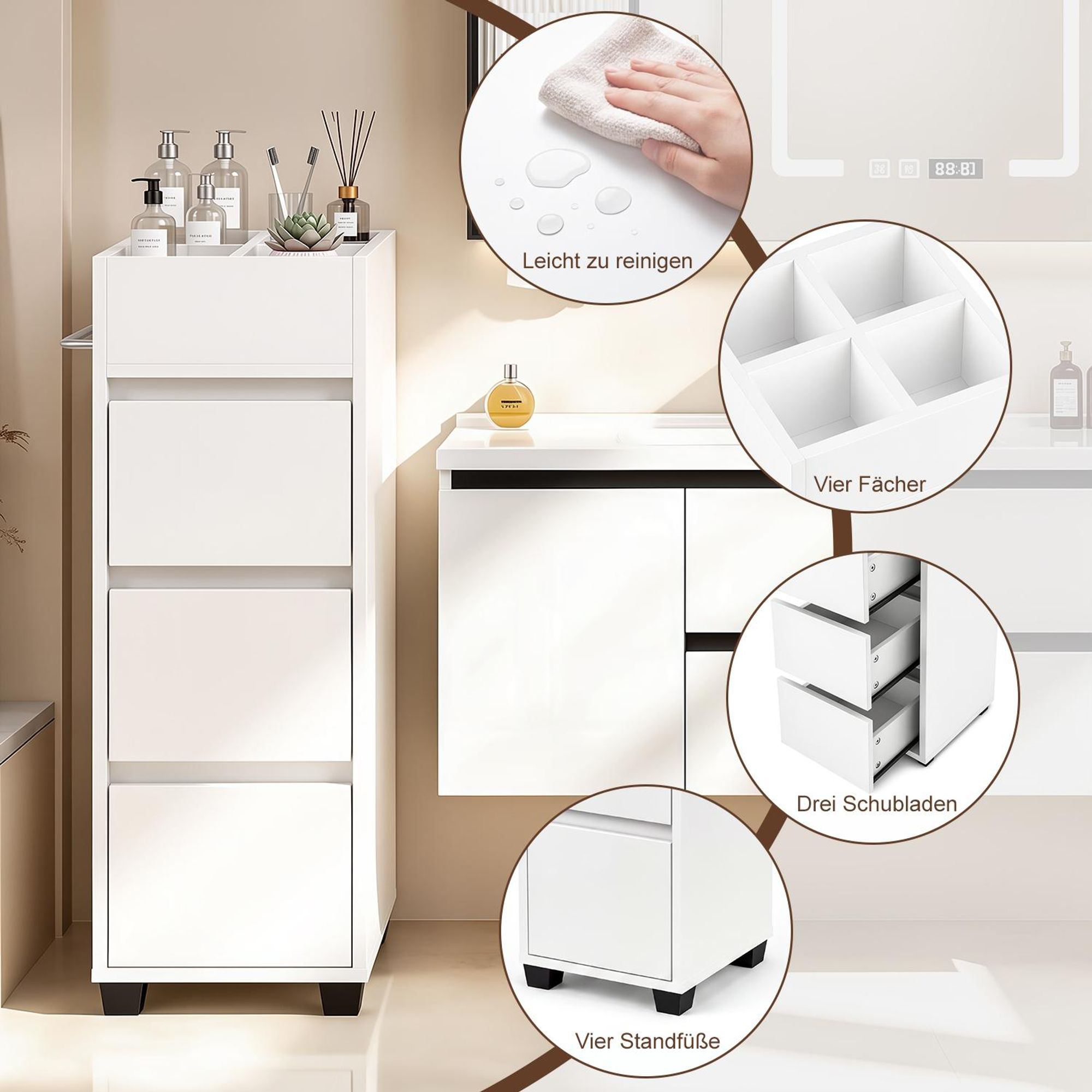 OYAJIA Badezimmerschrank Schmaler Badschrank & Toilettenschrank mit 3 Schubladen, 4 Fächern & Handtuchhalter |Kommode für kleine Räume&Nischen |Weiß