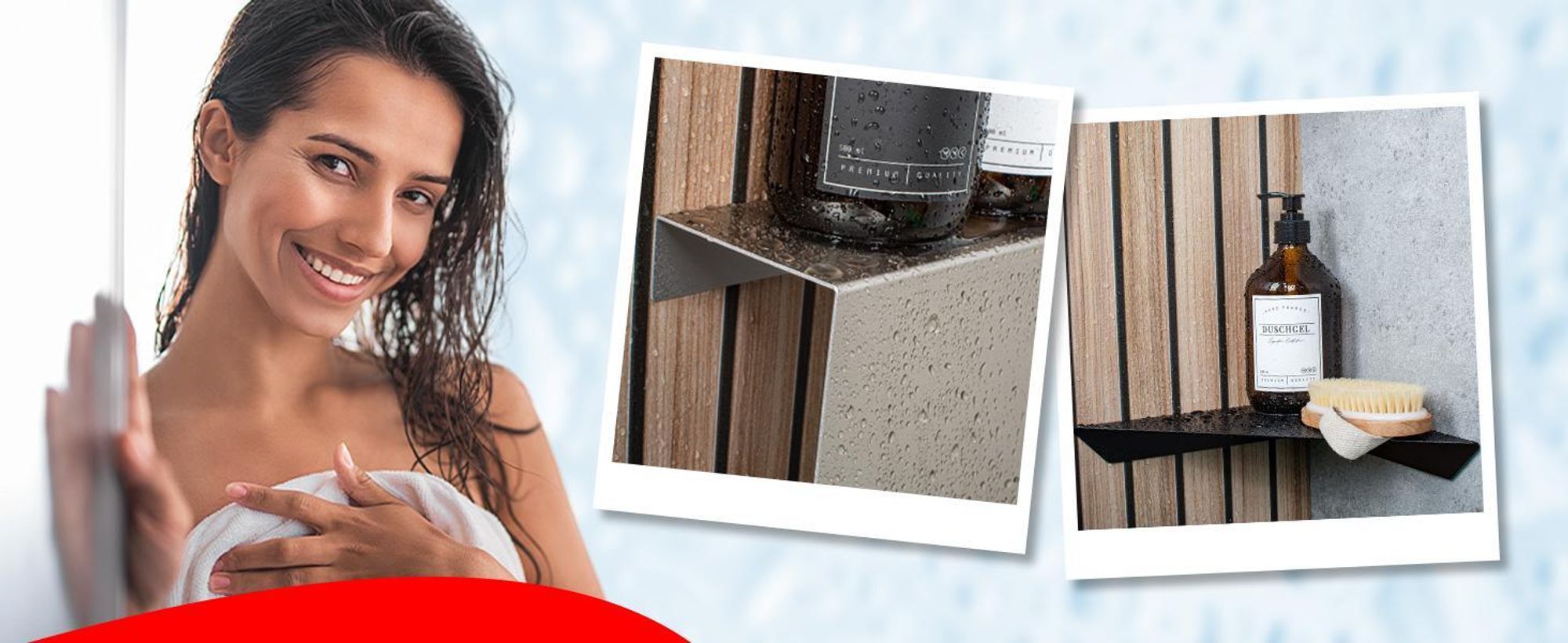 Frau lächelt, daneben Detailaufnahmen von, wasserfesten Duschablagen mit Shampoo und Seife.