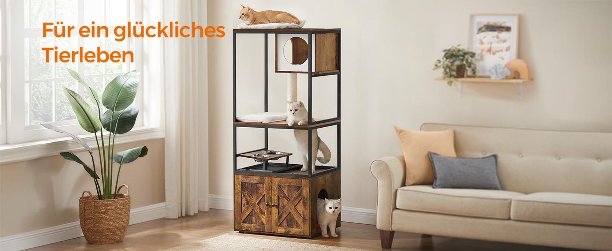 Feandrea Kratzbaum, mit Katzenklo-Schrank, erhöhter Napfständer, waschbare Kissen Vintagebraun