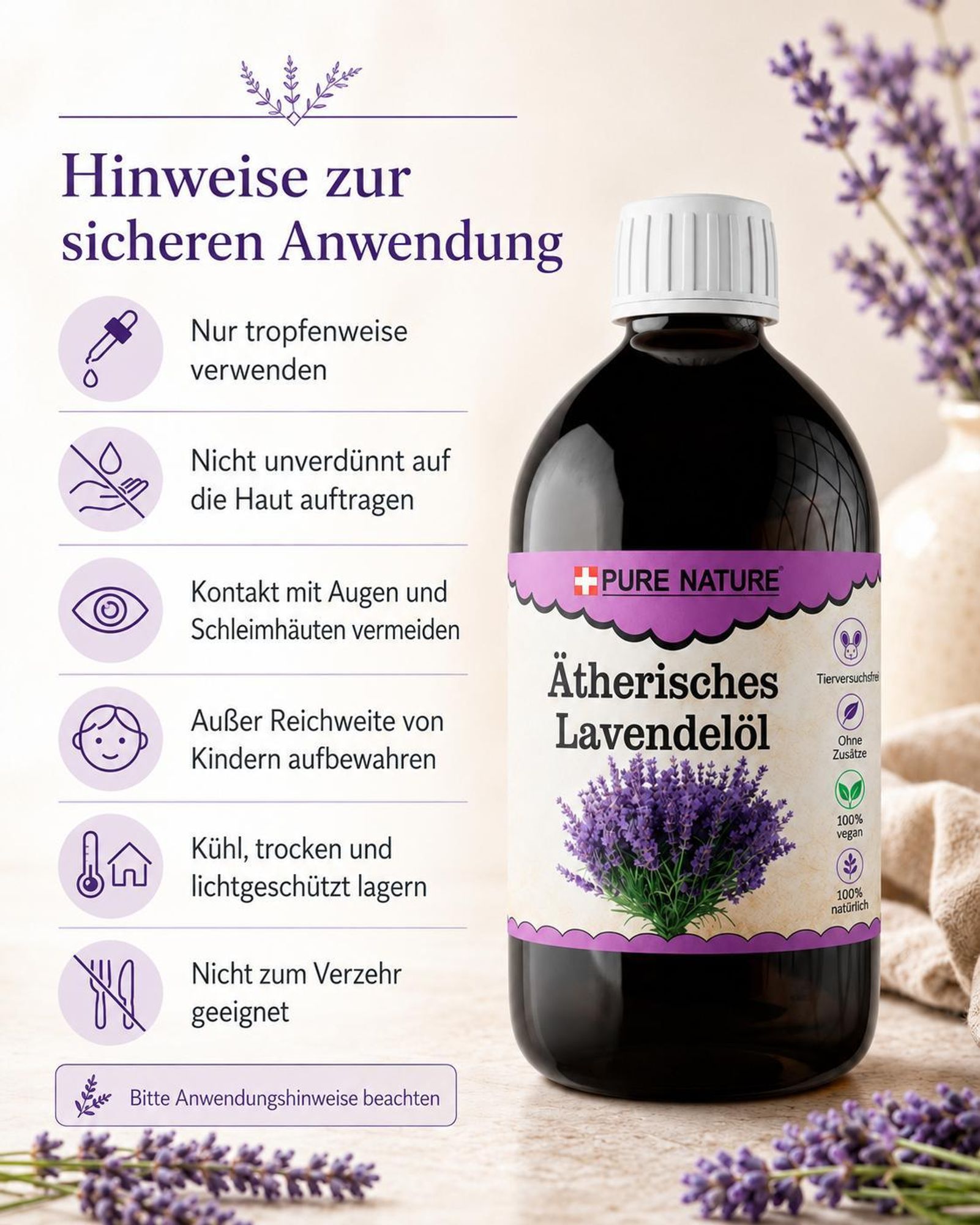 Pure Nature Lavendelöl mit Flasche und Sicherheitshinweisen zur richtigen Anwendung.