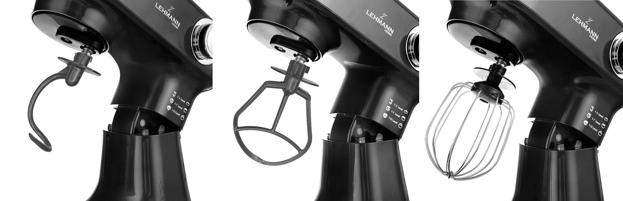 LEHMANN Robot Pâtissier, Mélangeurs - Fouet, Batteur, Crochet, 12 vitesses, Bol 5L, 1500W, Noir