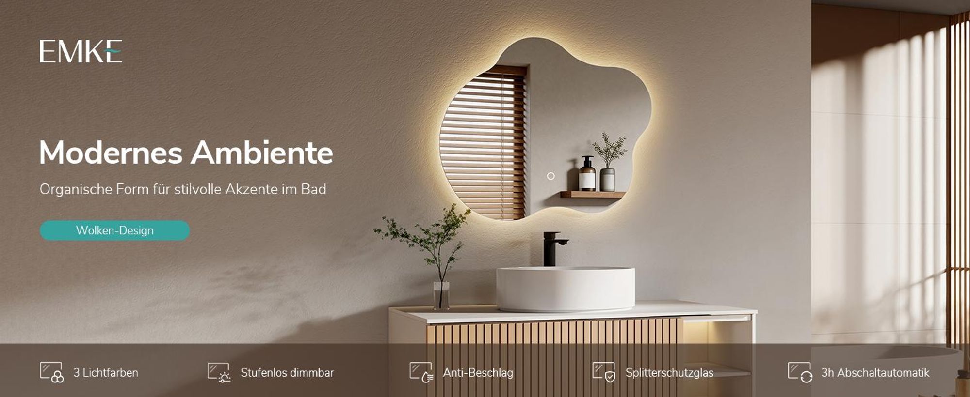 EMKE LED Badspiegel 60 x 50 cm - Beschlagfrei - 3 Lichtfarben Dimmbar - Touch Schalter - Organische Form Badezimmerspiegel mit Beleuchtung
