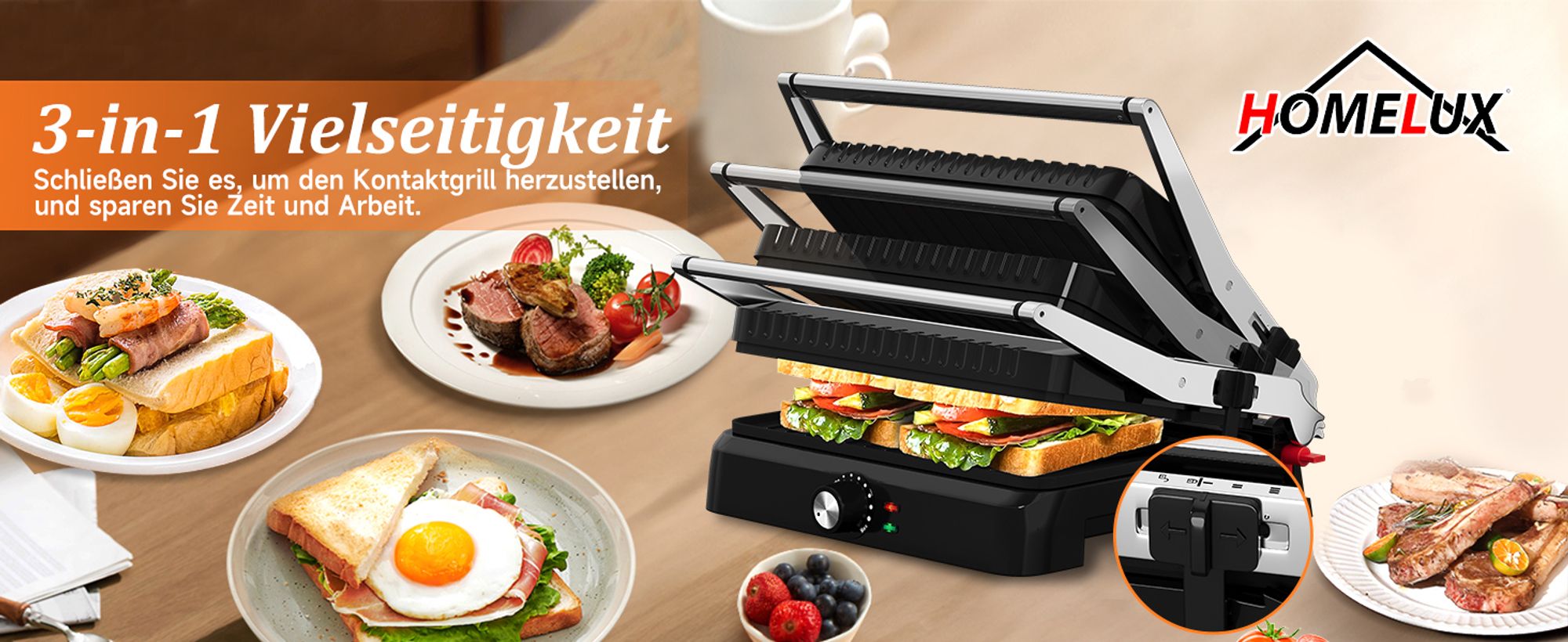 HOMELUX Kontaktgrill Tischgrill 2200W, Sandwichmaker, Panini Grill Multifunktion mit Auffangschale Antihaftbeschichtung Platten 34x23cm, Schwarz