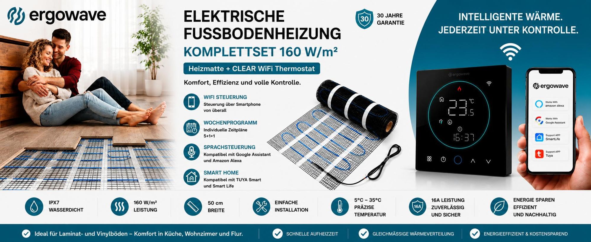 Selbstklebende Heizmatte unter Fliesen 160 W/m² + elektrischer WiFi-Thermostat