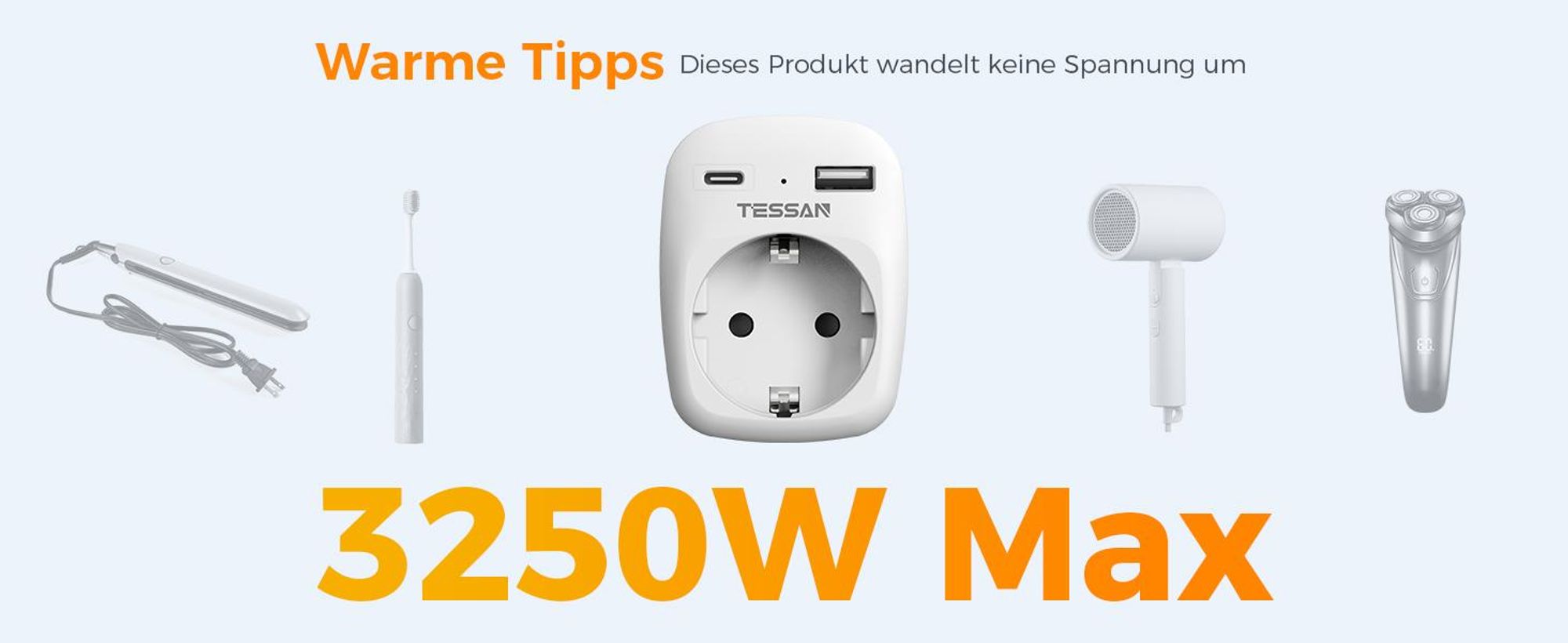 TESSAN 2er Pack Adapter England Deutschland Stecker 3 in 1 Steckdosenadapter mit USB C und USB A 3250W Typ G