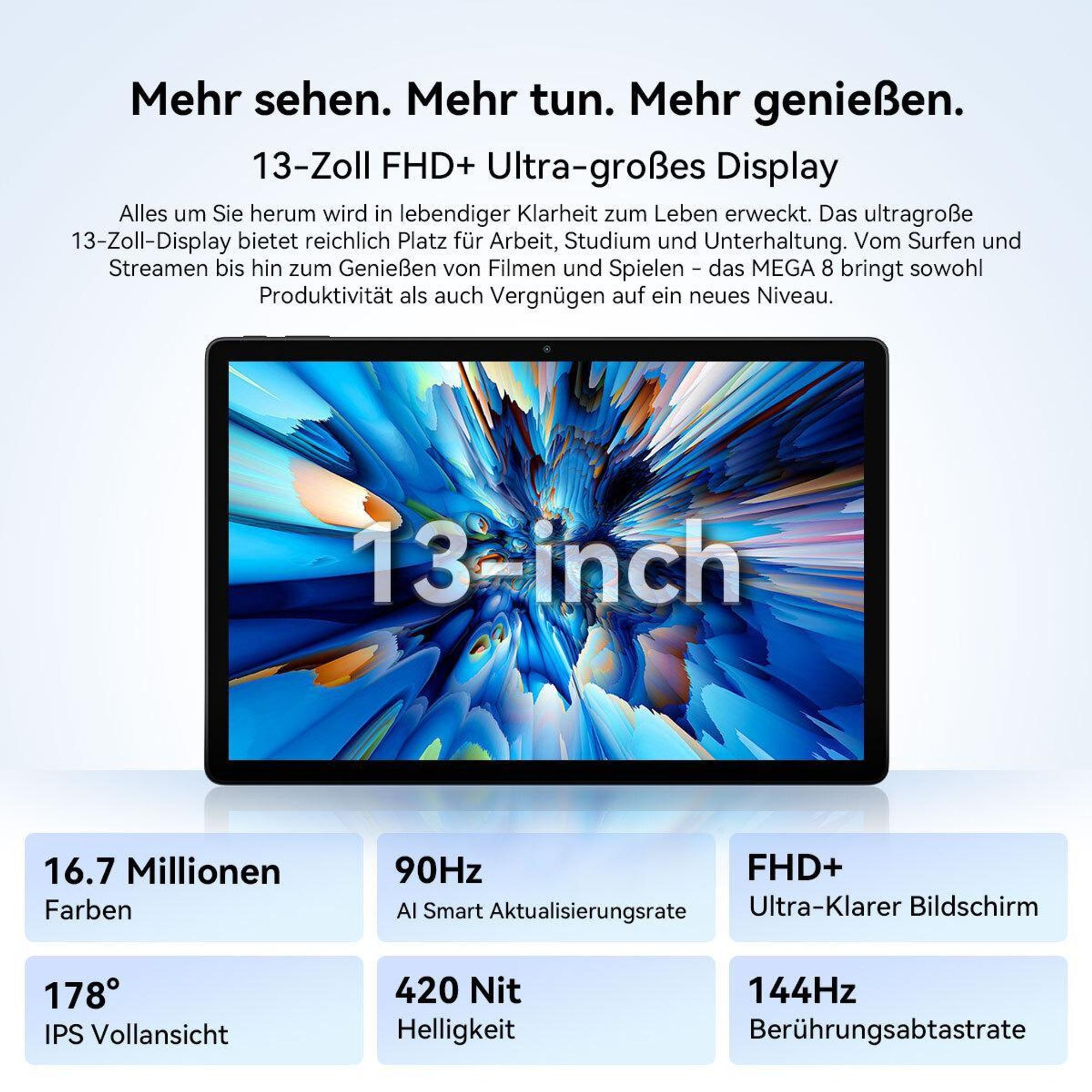 Blackview Mega8, 13 Zoll, Dual 4G LTE+5G WiFi, Android 16, mit 36GB(12+24) RAM+256GB ROM(2TB TF), 2K FHD Display, Octa Core T620, 1100mAh