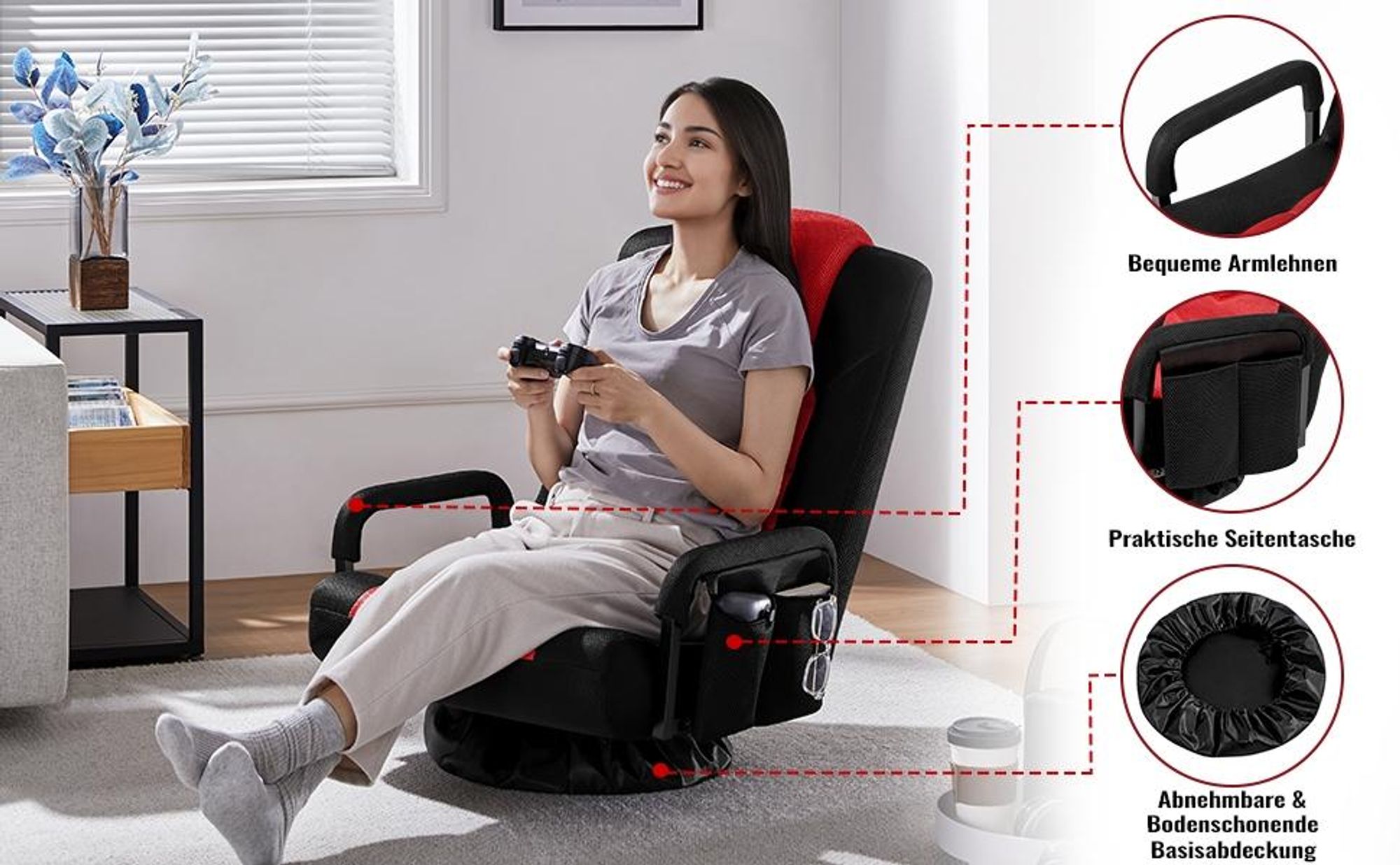 Yaheetech Bodenstuhl drehbarer Gaming-Stuhl mit verstellbarer Rückenlehne, klappbarer Bodensessel, Schwarz-Rot