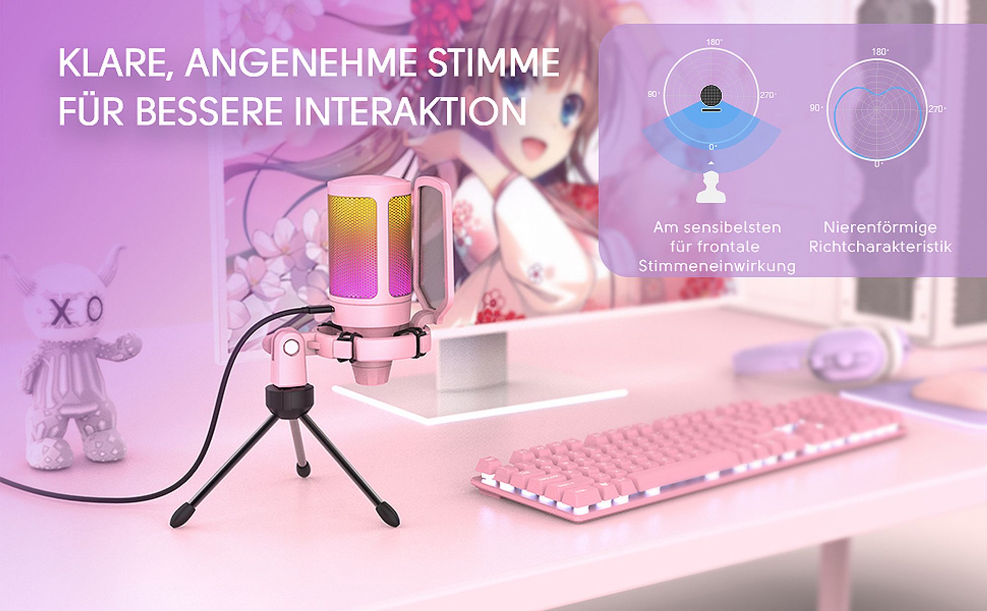 FIFINE Gaming Mikrofon PC USB Streaming Microphone mit Mikrofon Ständer, Rosa