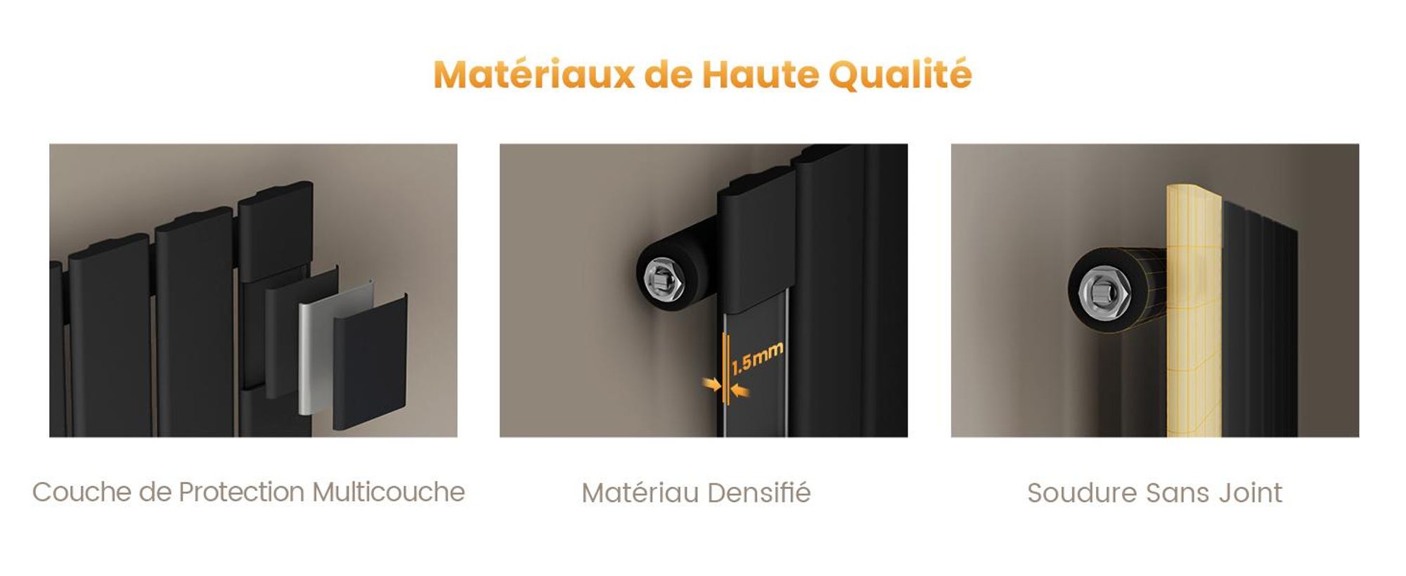 EMKE Radiateur plat Radiateur design Panneau de chauffage Vertical Monocouche Raccord central 160x30cm 501W Noir sans thermoplongeur
