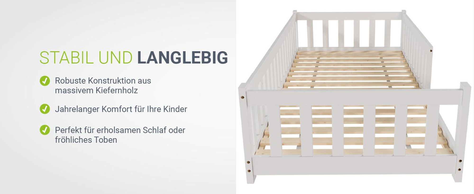 Juskys Kinderbett Naya 90x200 cm mit Matratze, Rausfallschutz & Lattenrost - Holz Weiß