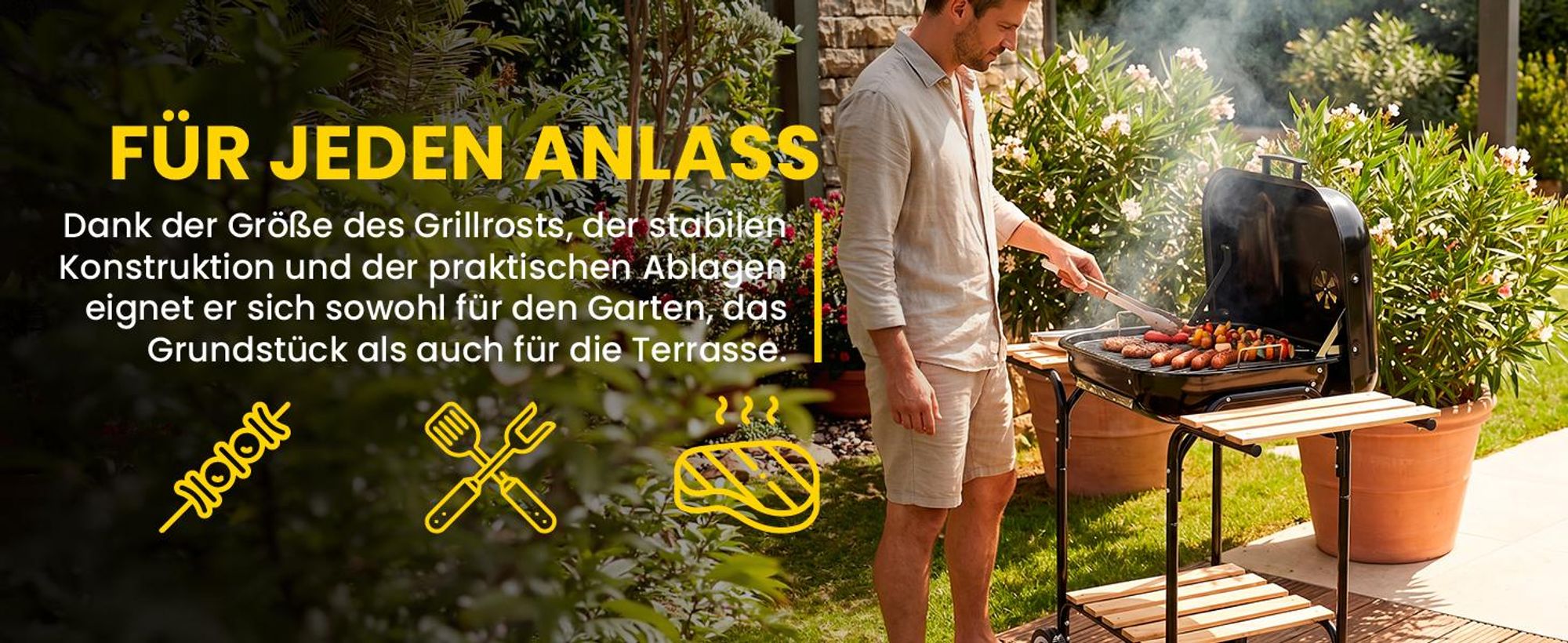 Holzkohlegrill Grillwagen mit Ablagen Gartengrill Camping Garten mit Rädern Terrasse BBQ
