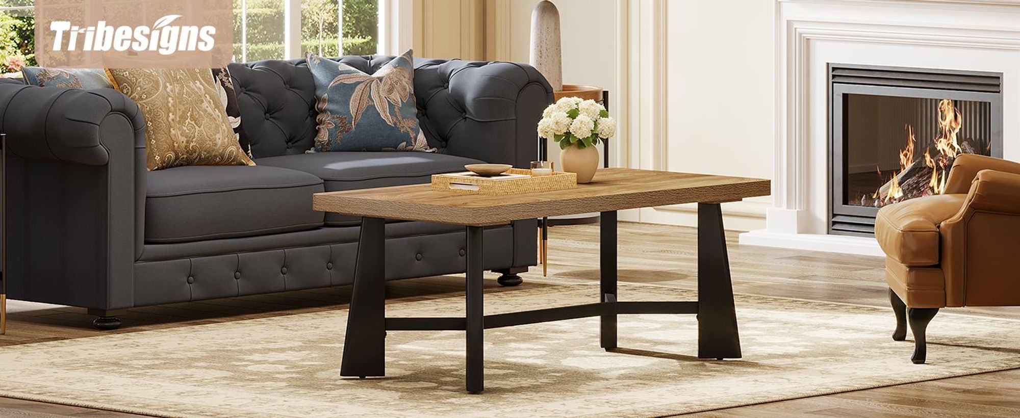 Tribesigns Rechteckiger Couchtisch, 120 cm Wohnzimmertisch, Landhaus-Industrie-Stil Sofatisch, Mitteltisch für das Wohnzimmer