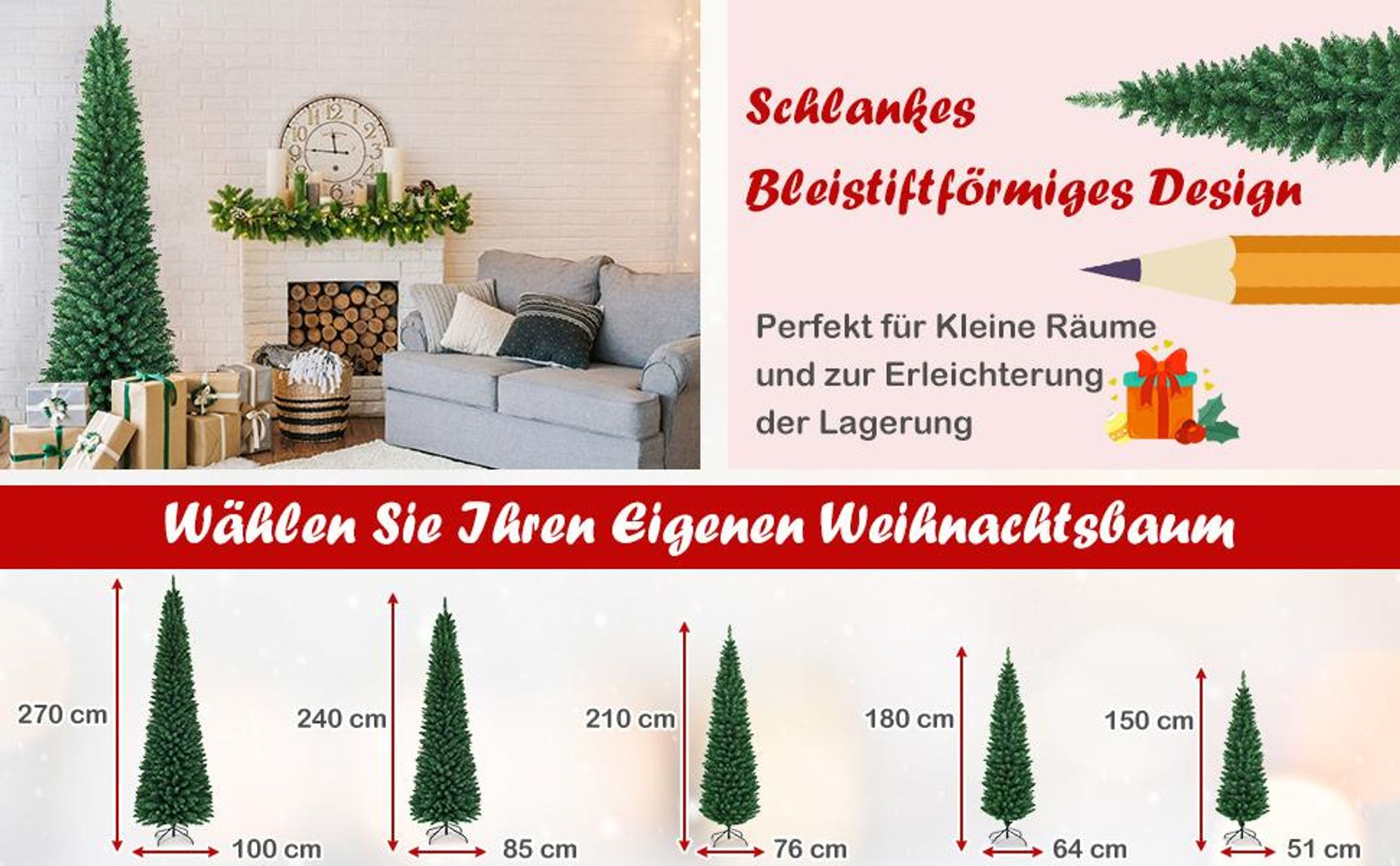 GIANTEX Künstlicher Weihnachtsbaum, 150 Cm, Schlanke Bleistiftform – Mit 220 PVC-Nadeln, Metallständer