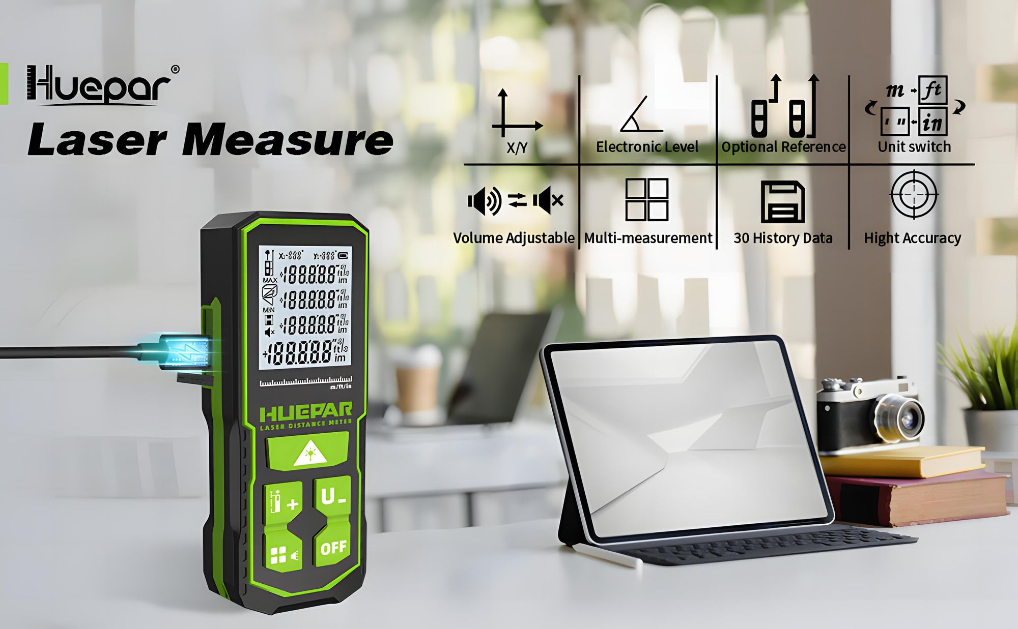 Huepar S100-G Laser-Entfernungsmesser 100m Grün, Dual-Winkel, USB-C, IP54
