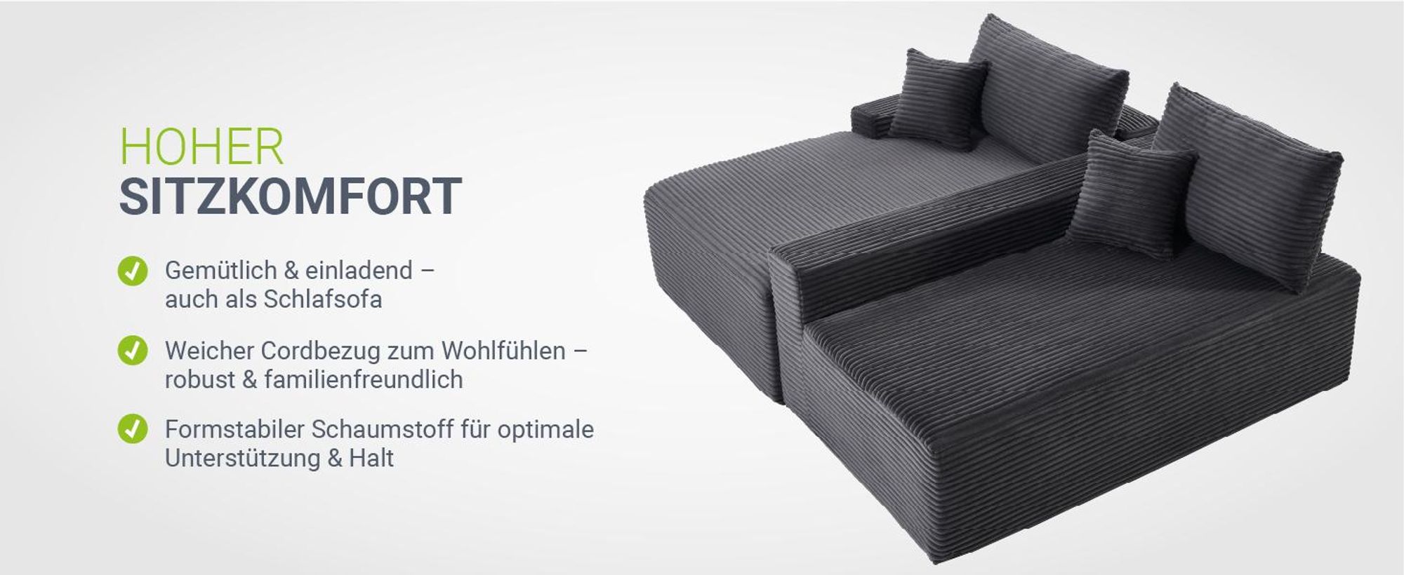 Juskys Sofa Coredo - Dunkelgrau, moderne Couch aus Cord mit Kissen, Ottomane links