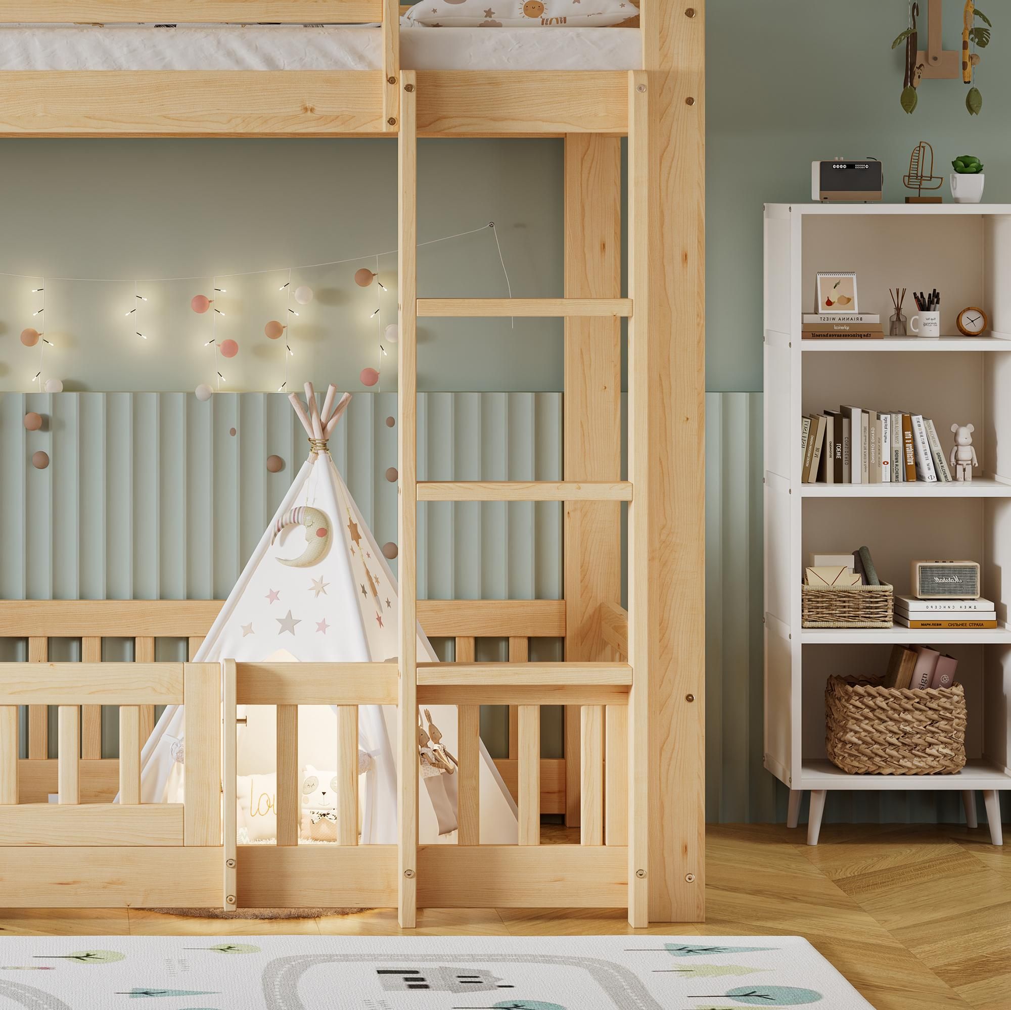 Flieks Kinderbett Etagenbett 90*200cm mit Rausfallschutz, Leiter und Tür, Spielbett für Kinder Hochbett