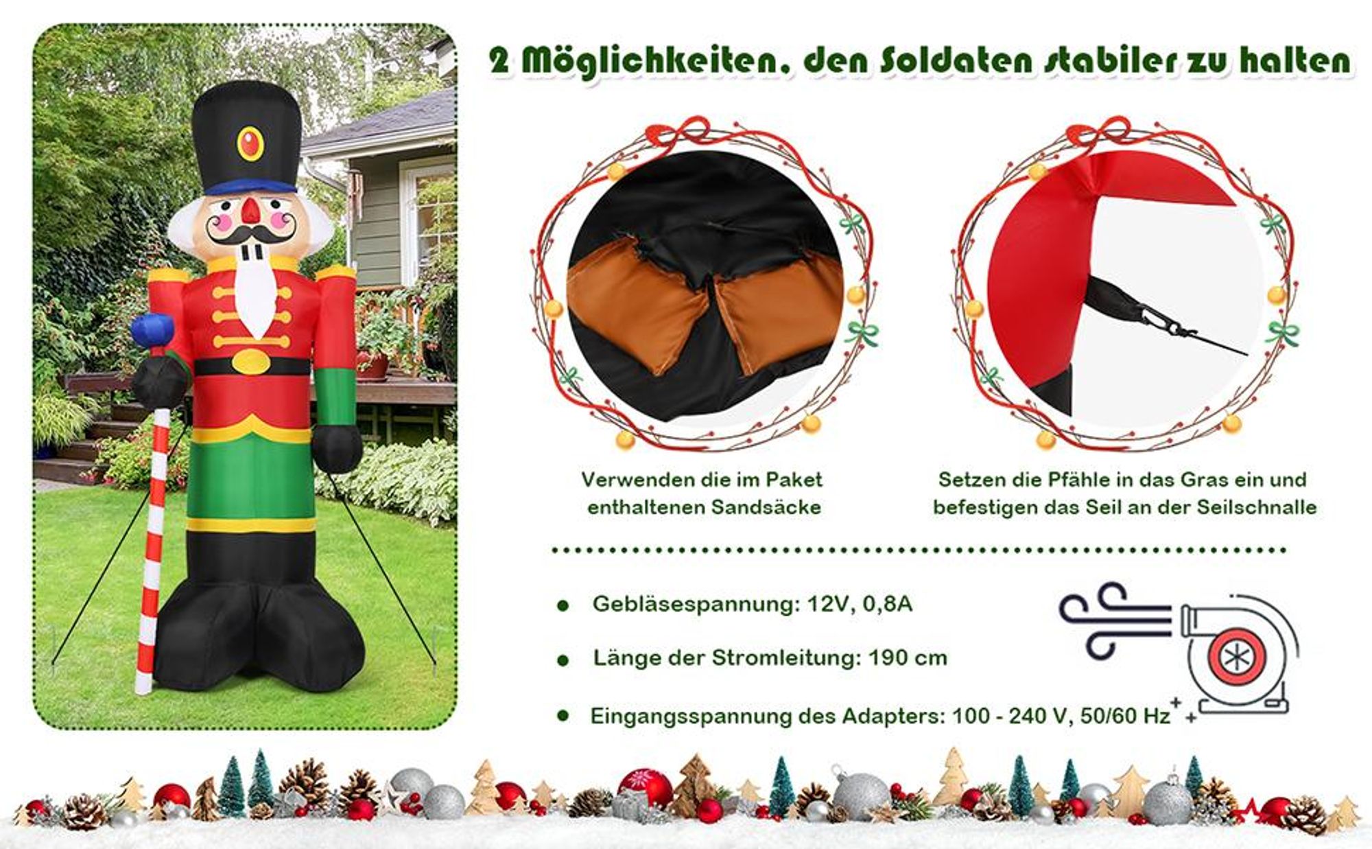 COSTWAY 240cm Nussknacker-Soldat aufblasbar, Weihnachtsmann Soldat, Weihnachtsdekoration mit 3 LED-Leuchten, Gebläse und Sandsäcke