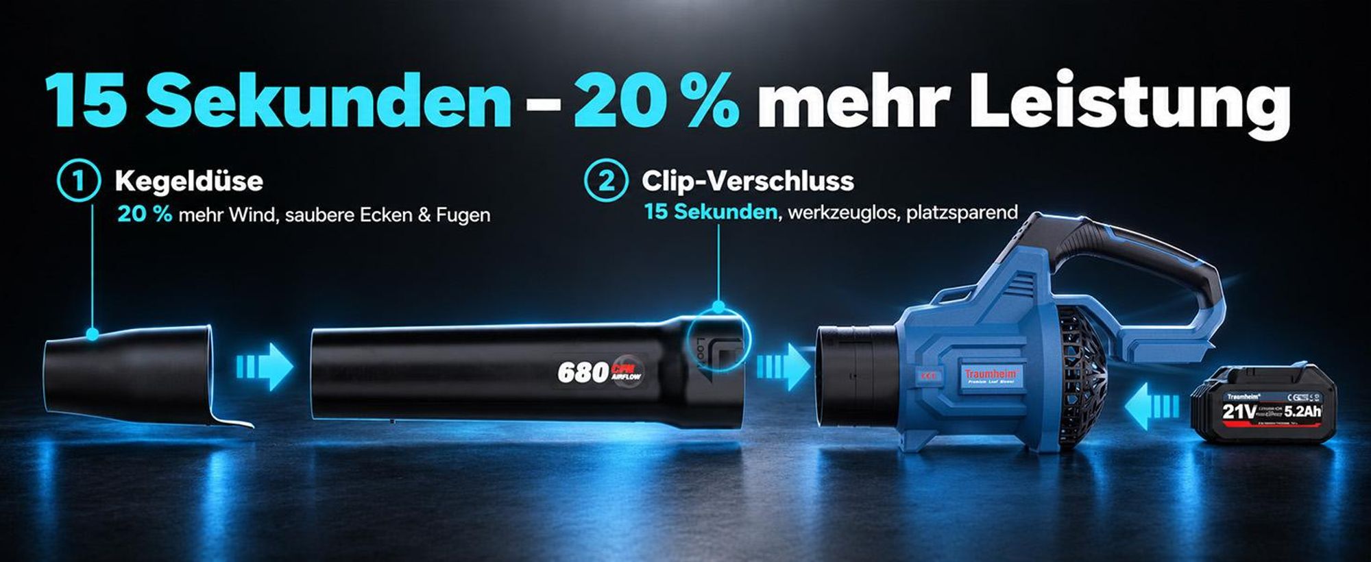 Akku Laubbläser, Akku laubsauger mit 2 x 5,2 Ah Akkus und Ladegerät, bis 290 km/h, 1200 m³/h, 3 Stufen, Schultergurt, für Garten und Terrasse