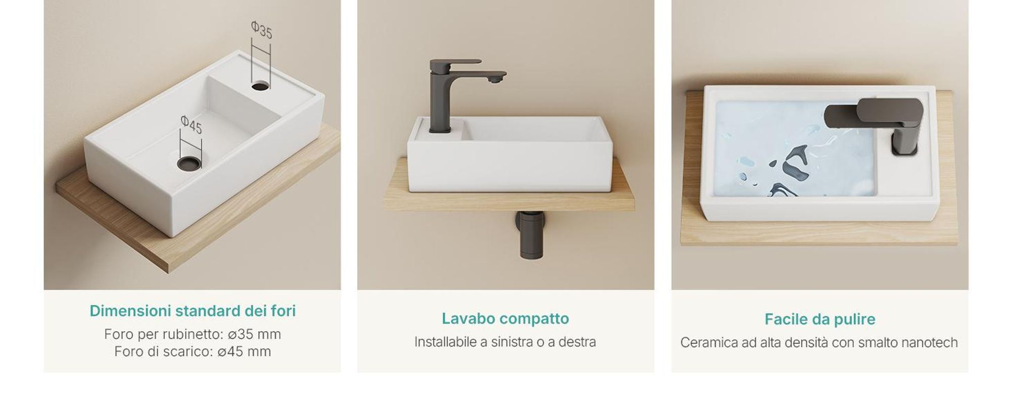 EMKE Lavabo da appoggio in ceramica rettangolare 410x220 mm bianco lucido con foro per rubinetto, design moderno per bagno e WC ospiti