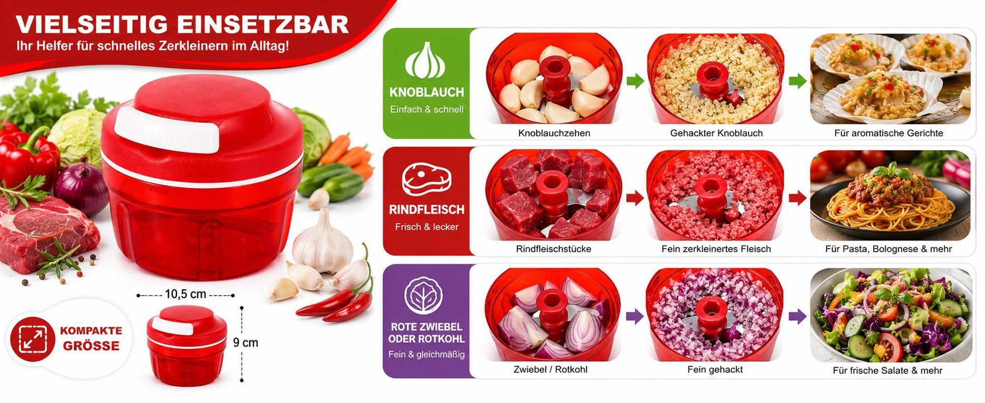 Gemüseschneider Zwiebelhacker, 300ML Manueller Lebensmittelzerkleinerer, Haushalt Kordelzug Design Zerkleinerer Fleischmixer Küche Kochen Zubehör rot