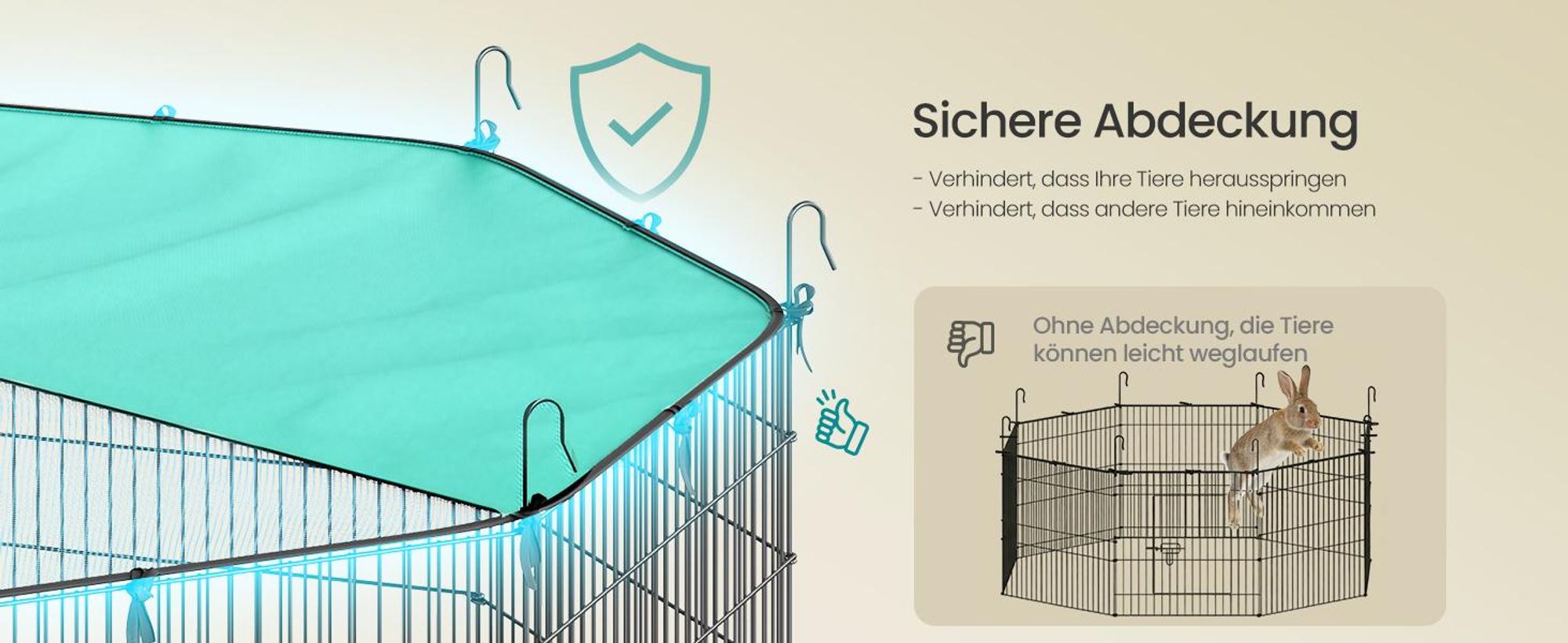 SONGMICS Kleintierlaufstall mit Abdeckung, 8 Gitterplatten, Freigehege, atmungsaktiv, Sonnenschutz, 175 x 175 x 80 cm, schwarz