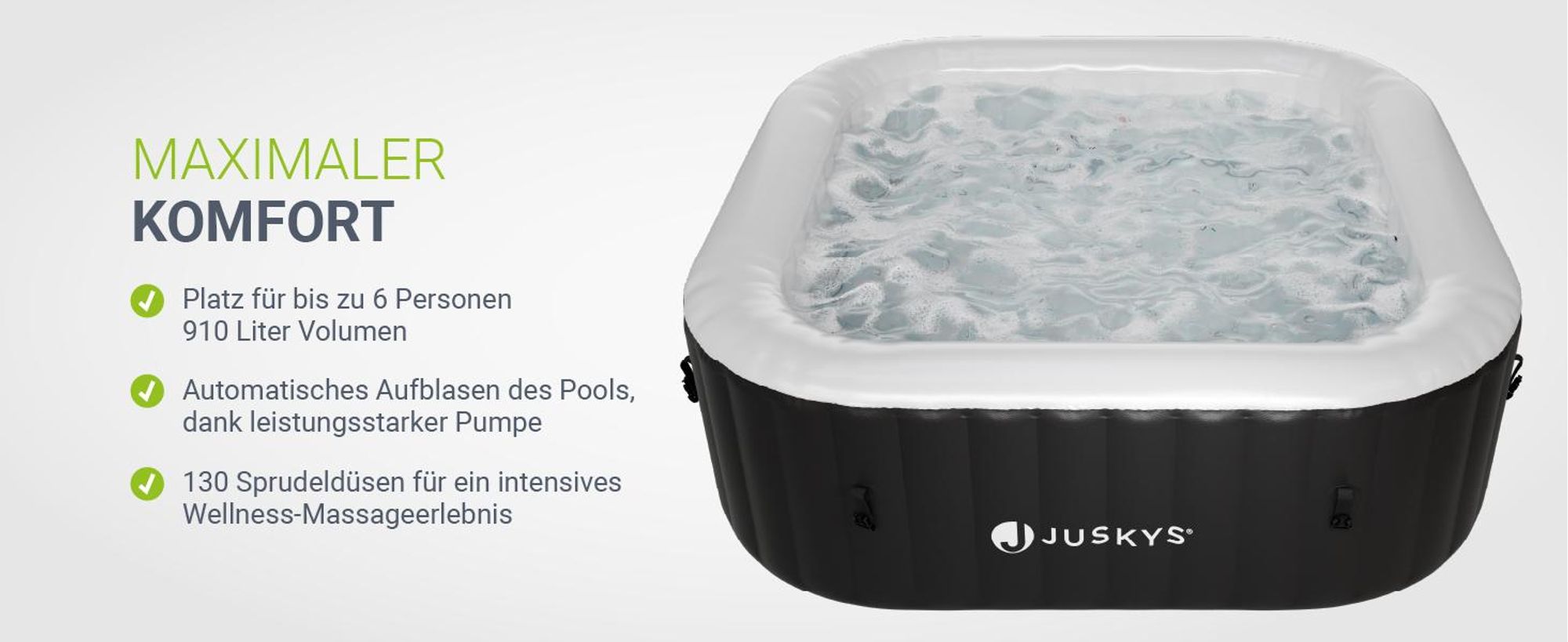 Juskys® Whirlpool SpaLuxe Schwarz/Weiß - 3000W 130 Düsen aufblasbar 185x185x65 cm