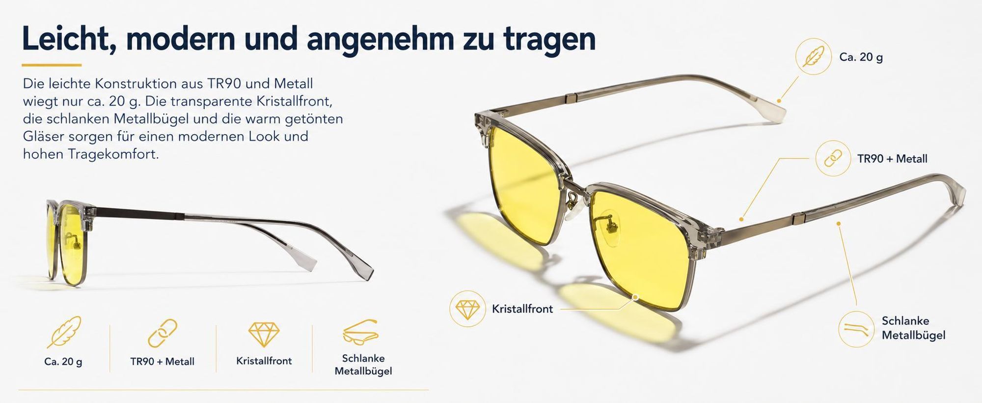 Leichte gelbe Bildschirmbrille aus TR90 und Metall mit Kristallfront und schlanken Bügeln.