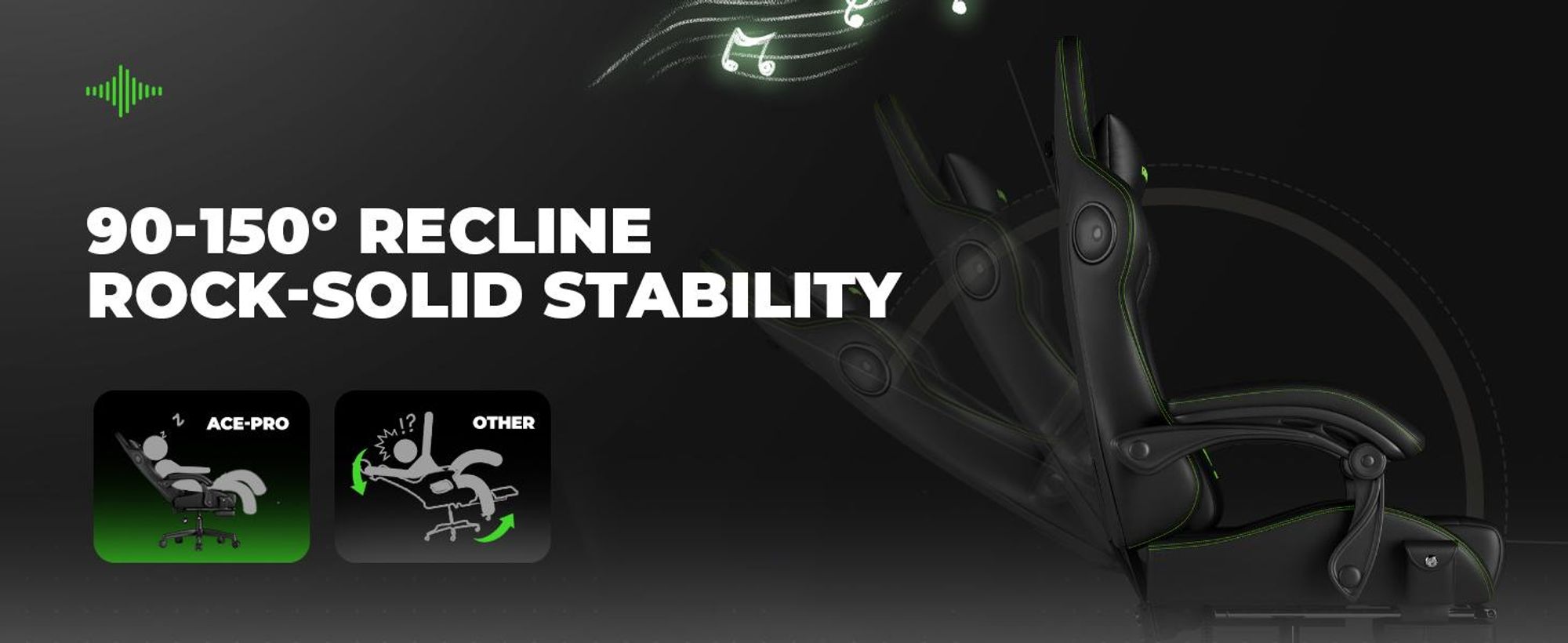 GTPLAYER Fotel gamingowy ACE PRO, ergonomiczny fotel biurowy z odchylanymi podłokietnikami i podnóżkiem, głośniki Hi-Fi, imponująca atmosfera dźwięku, zielony