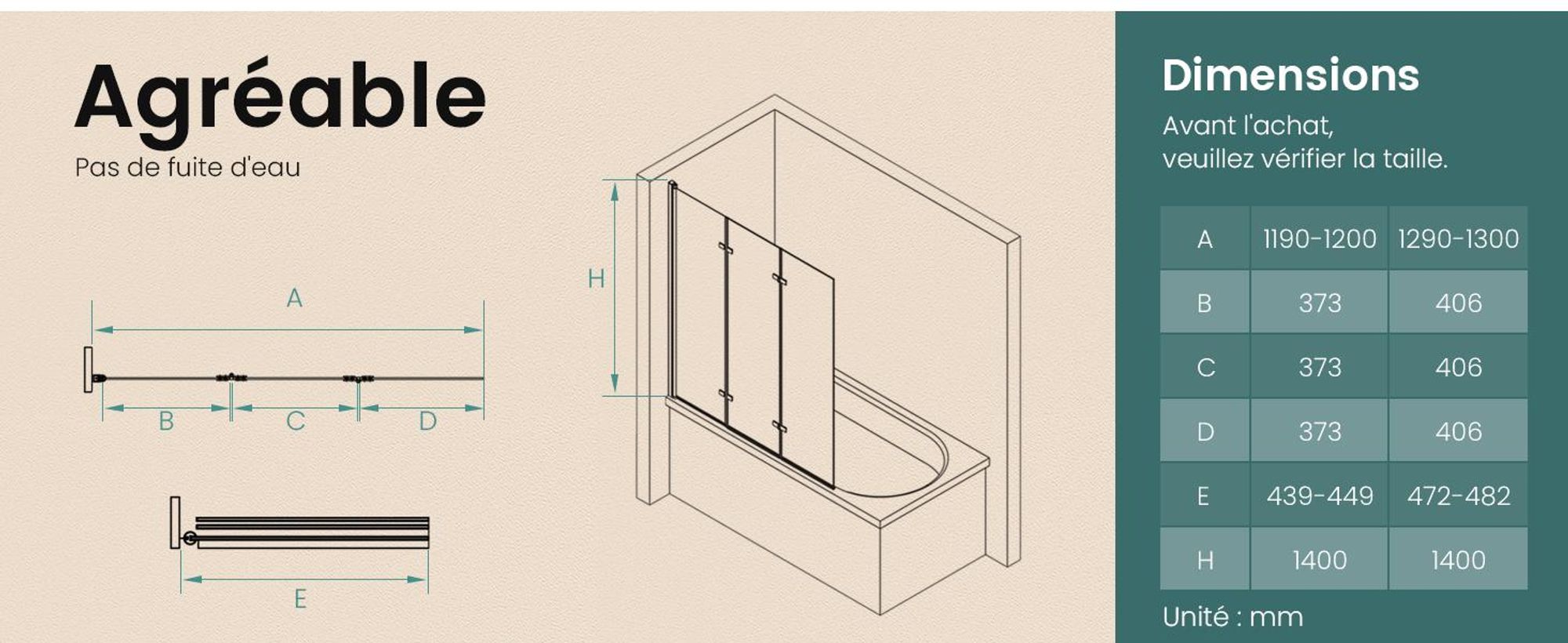 EMKE 120x140cm baignoire paroi de douche en 3 parties pliable avec NANO revêtement facile à nettoyer paroi pliable 6mm verre de sécurité
