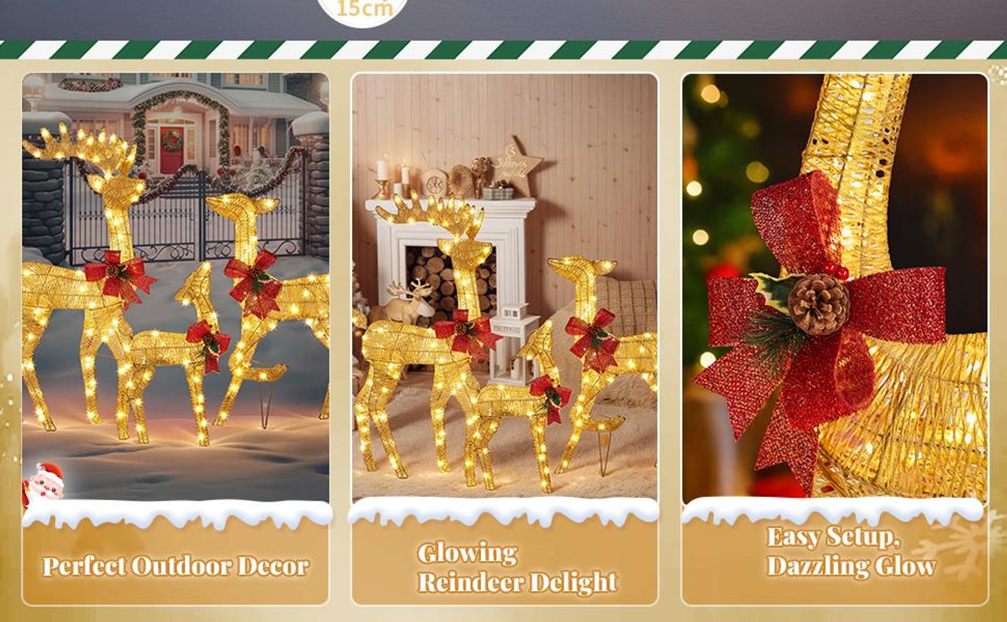 LEADZM 3-teiliges Weihnachtsbeleuchtung Rentier Goldenes, mit 270 LEDs, Weihnachten Deko für Außen und Innen, 65cm/88cm/120cm