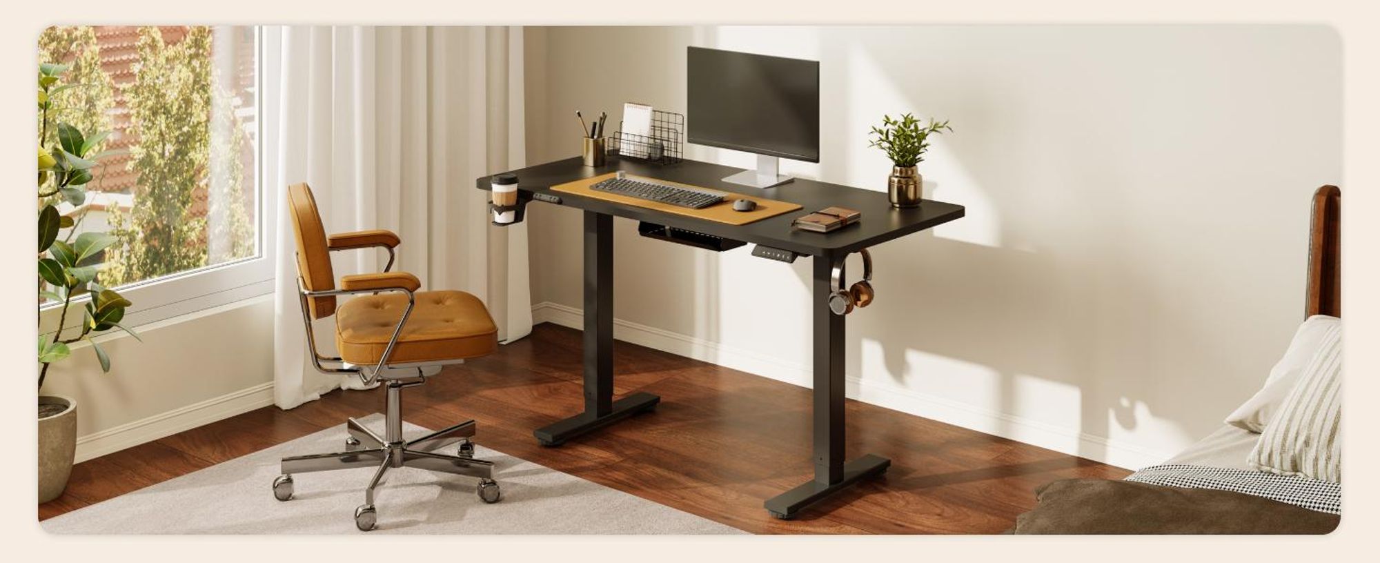 SANODESK QS1 Höhenverstellbarer Schreibtisch, EINTEILIGE TISCHPLATTE, 4 Memory-Funktion, 70 kg Tragkraft, Haken, Kabelmanagement, 110x54cm (Schwarz)