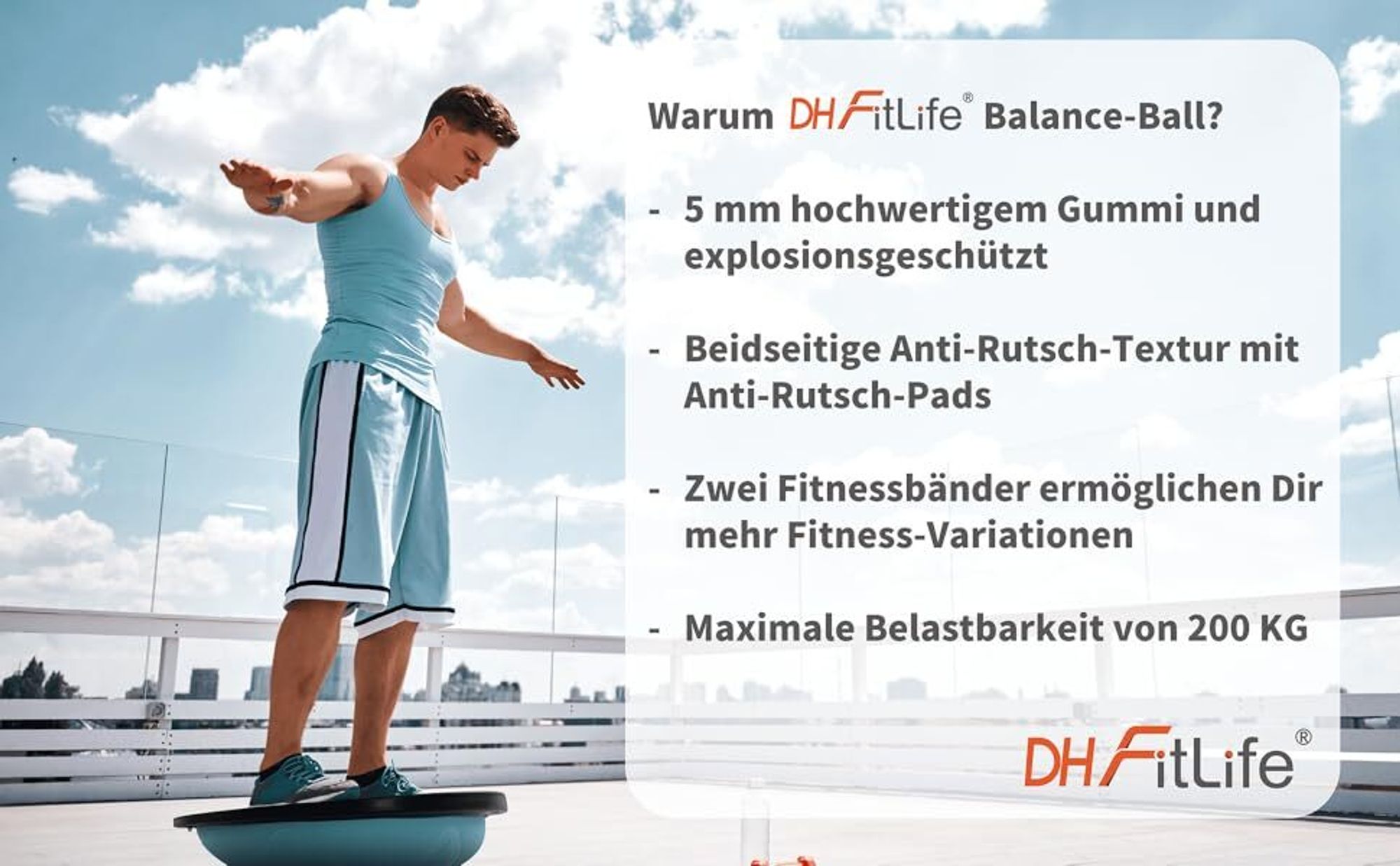 DH FitLife Balance Ball, Yoga Gleichgewichtstrainer Φ60*22cm bis 200 KG belastbar, halber Gymnastikball Fitness Balance Board, Balance-Board mit Pumpe und 2 Fitnessbändern